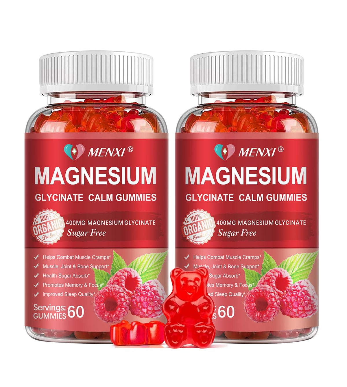 Gominolas MENXI magnesio 600 mg en frasco, sabor frambuesa, apoyo a la relajación diaria