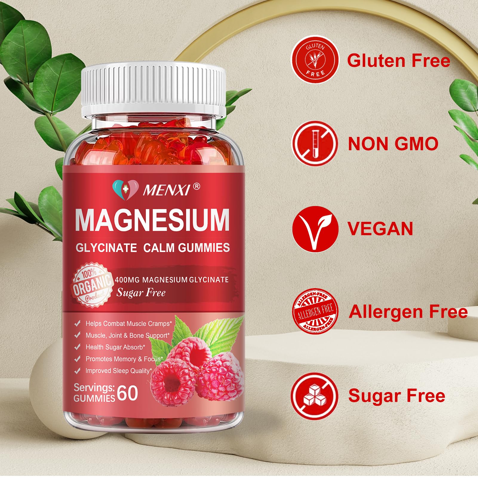 Etiqueta de MENXI magnesio 600 mg con información de dosis y beneficios