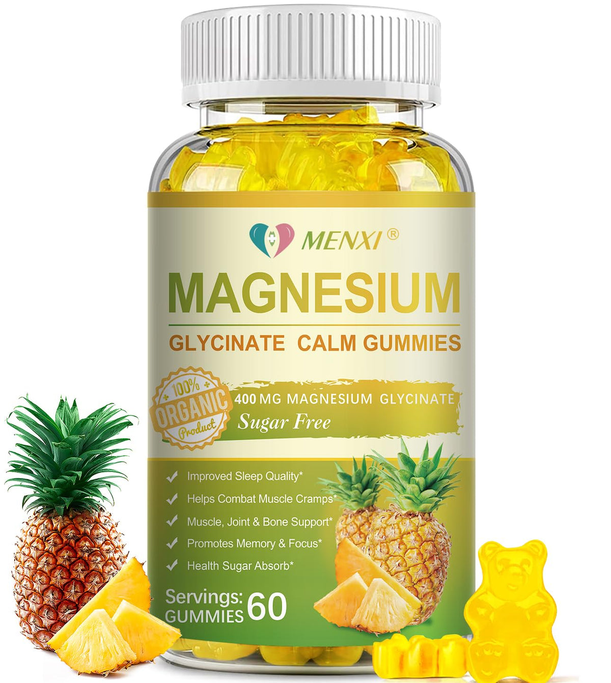 MENXI gominolas magnesio glicinato 400mg, sabor piña, apoyo a la relajación muscular.