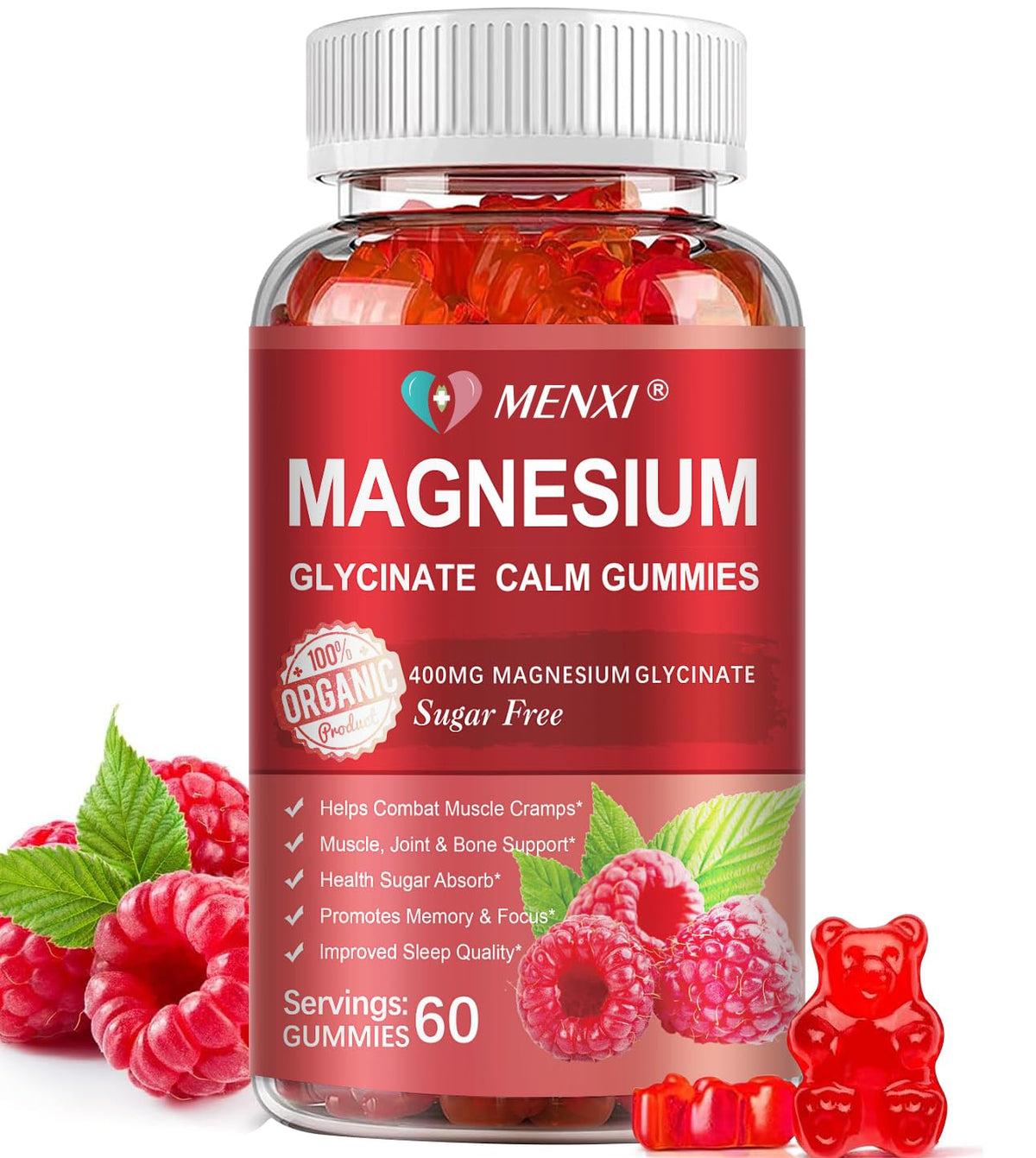 Gomitas MENXI Magnesio 600 mg en botella, apoyo para la calma y el sueño.