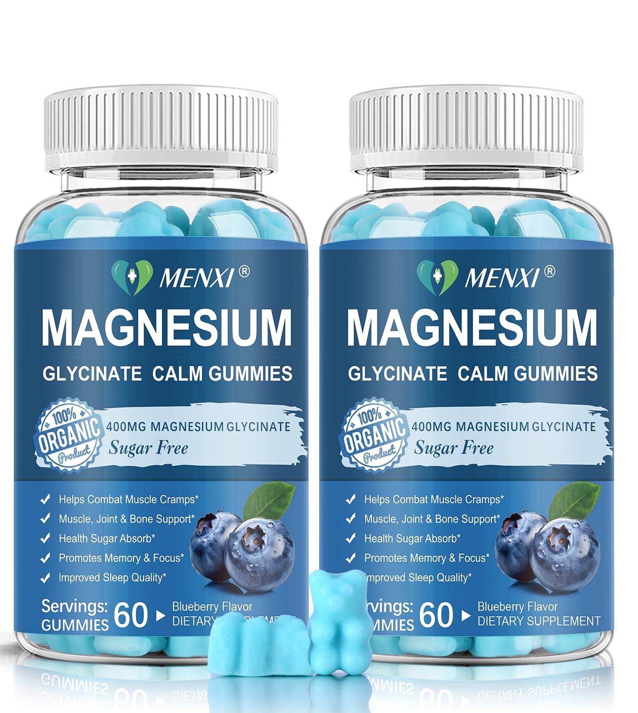 MENXI Magnesium Gummies: botella frontal mostrando la relajación suave.