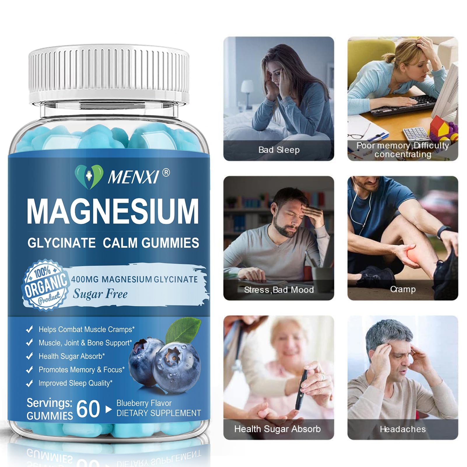 MENXI Magnesium Gummies: empaque frontal para fácil identificación.