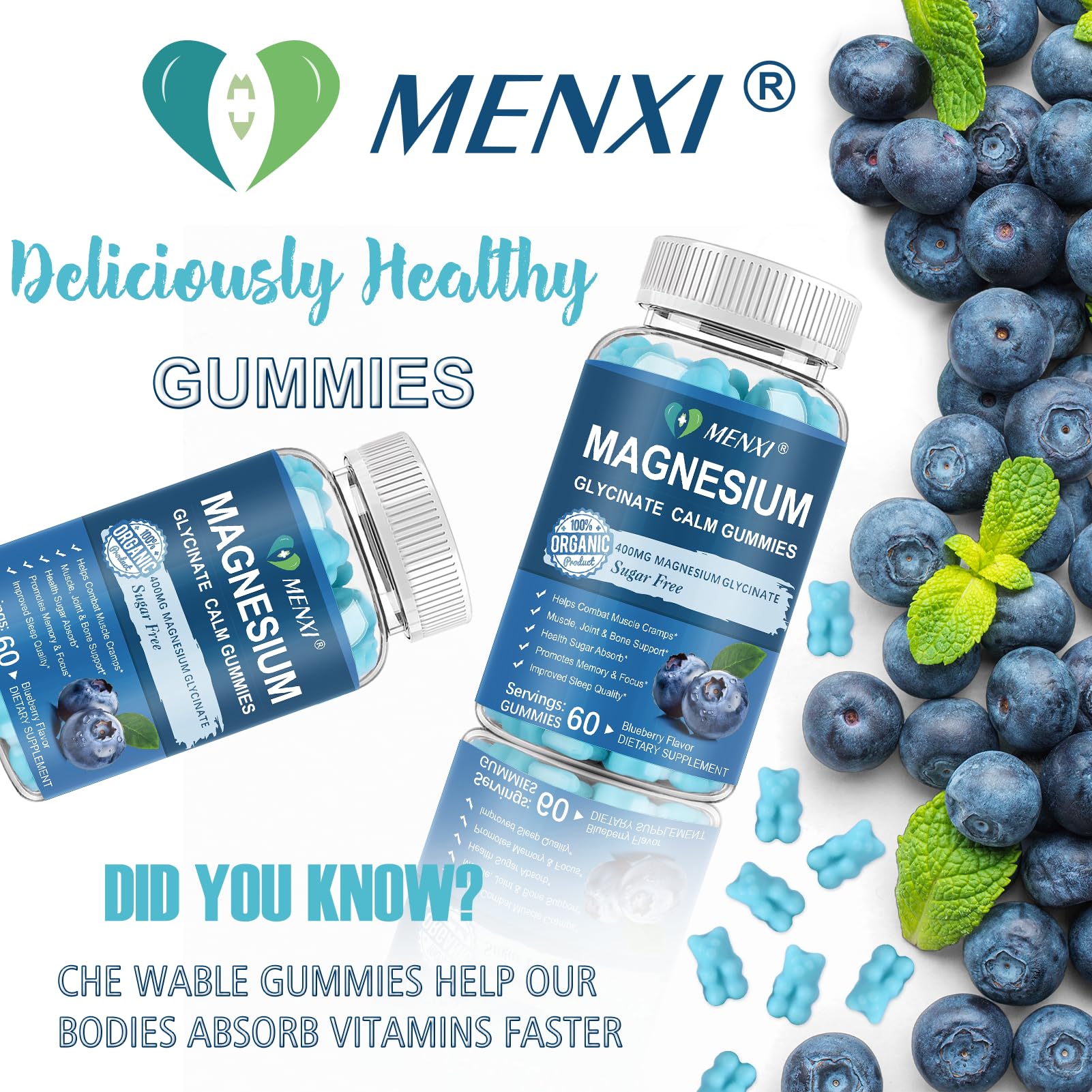MENXI Magnesium Gummies: sabor arándano para consumo diario.
