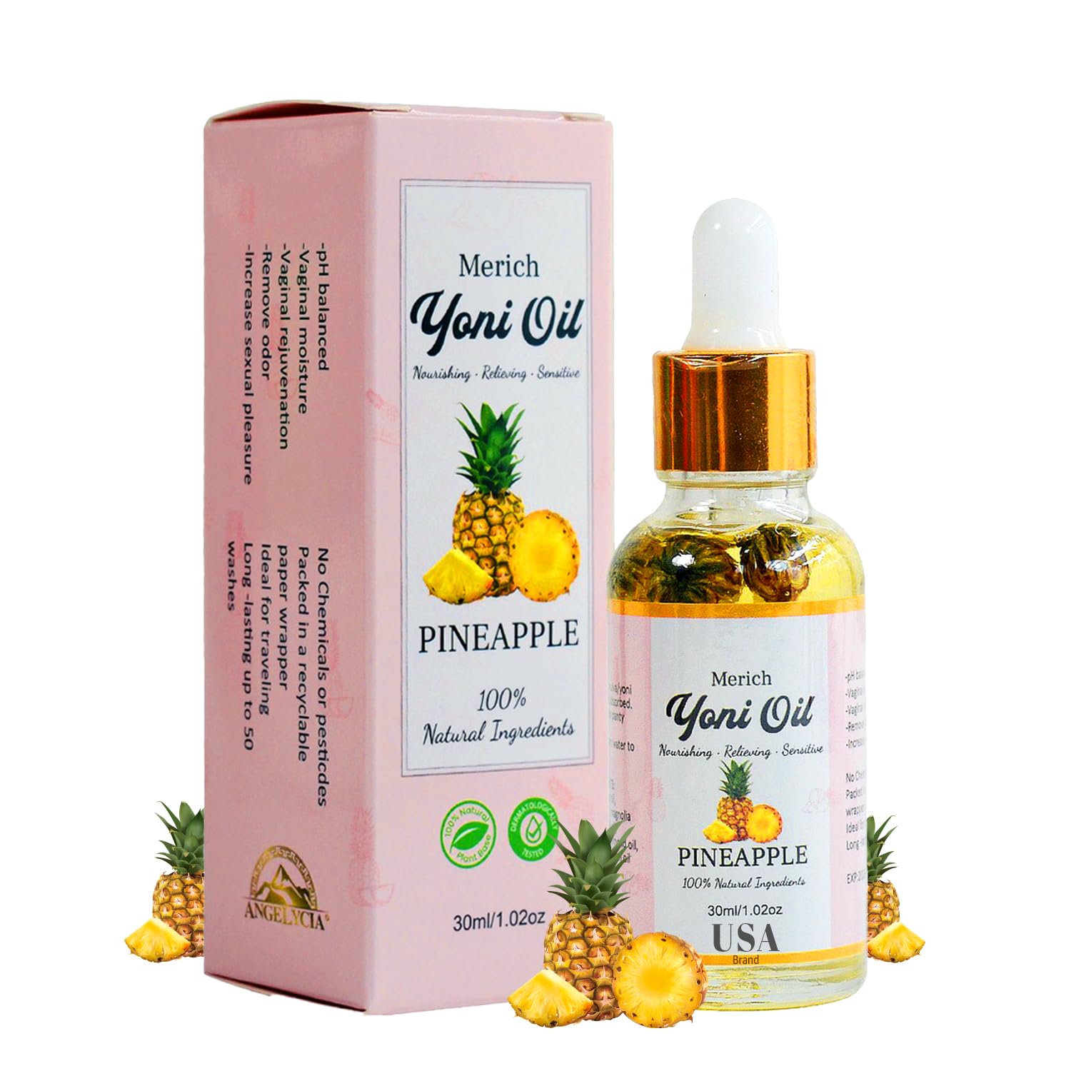 Angelycia Merich botella de aceite yoni natural para equilibrio y frescura diaria
