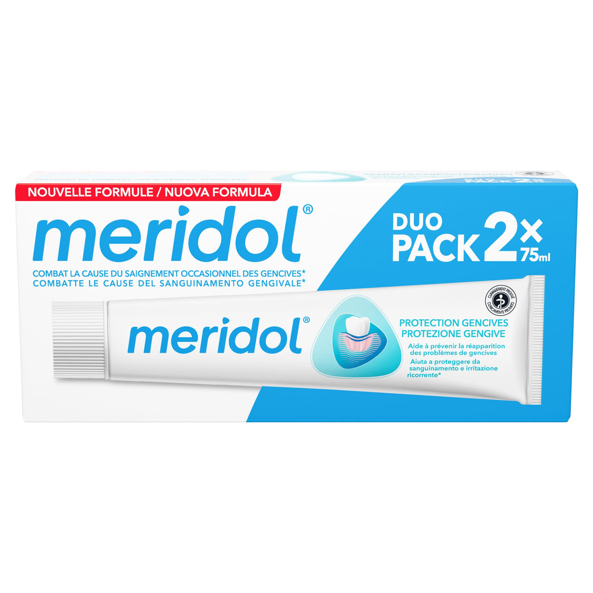 Meridol Dentífrico en tubo de 75 ml frente, ayuda a limpiar los dientes y refresca el aliento.