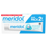 Meridol Dentífrico en tubo de 75 ml frente, ayuda a limpiar los dientes y refresca el aliento.