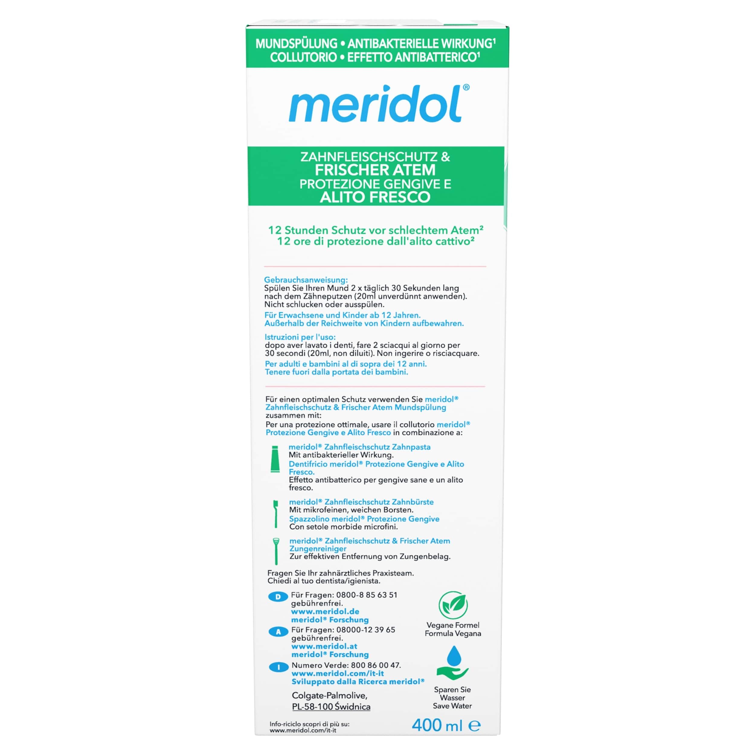 Meridol enjuague bucal halitosis 400 ml, etiqueta frontal clara para elegir