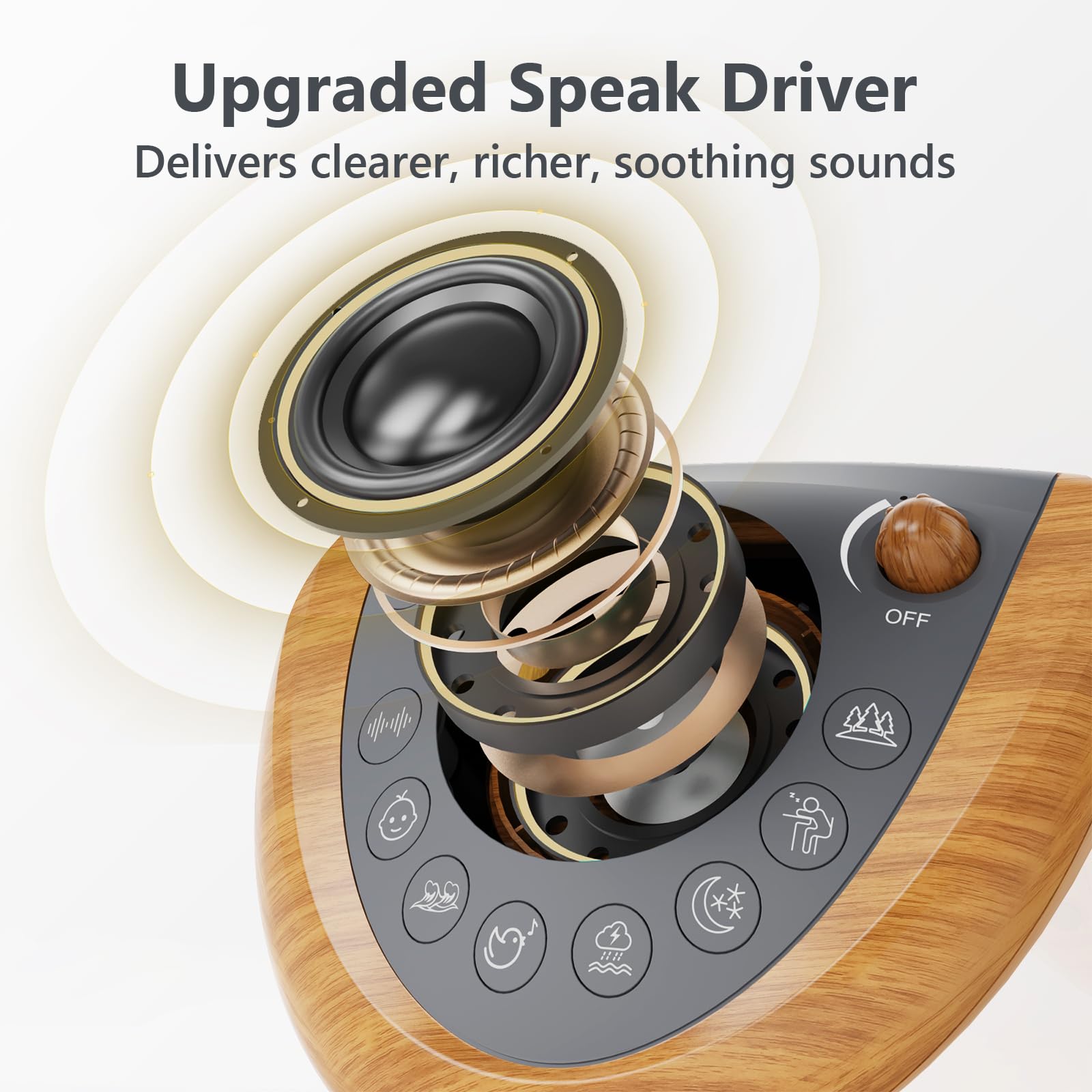 Rueda de volumen para ajustes suaves y precisos en Mesqool Sleep Sound Machine.