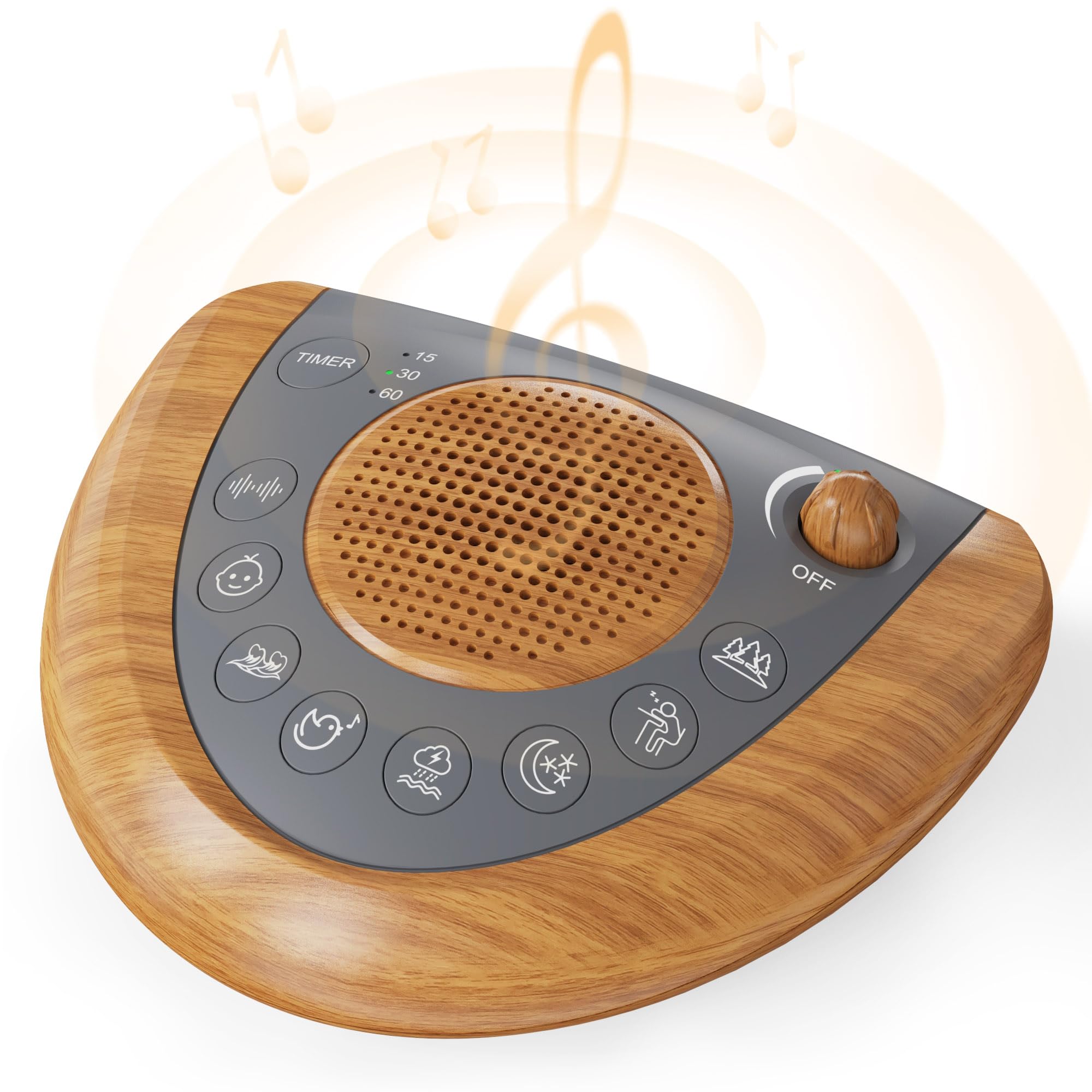 Mesqool Sleep Sound Machine con diseño de madera, ideal para dormitorio relajante.