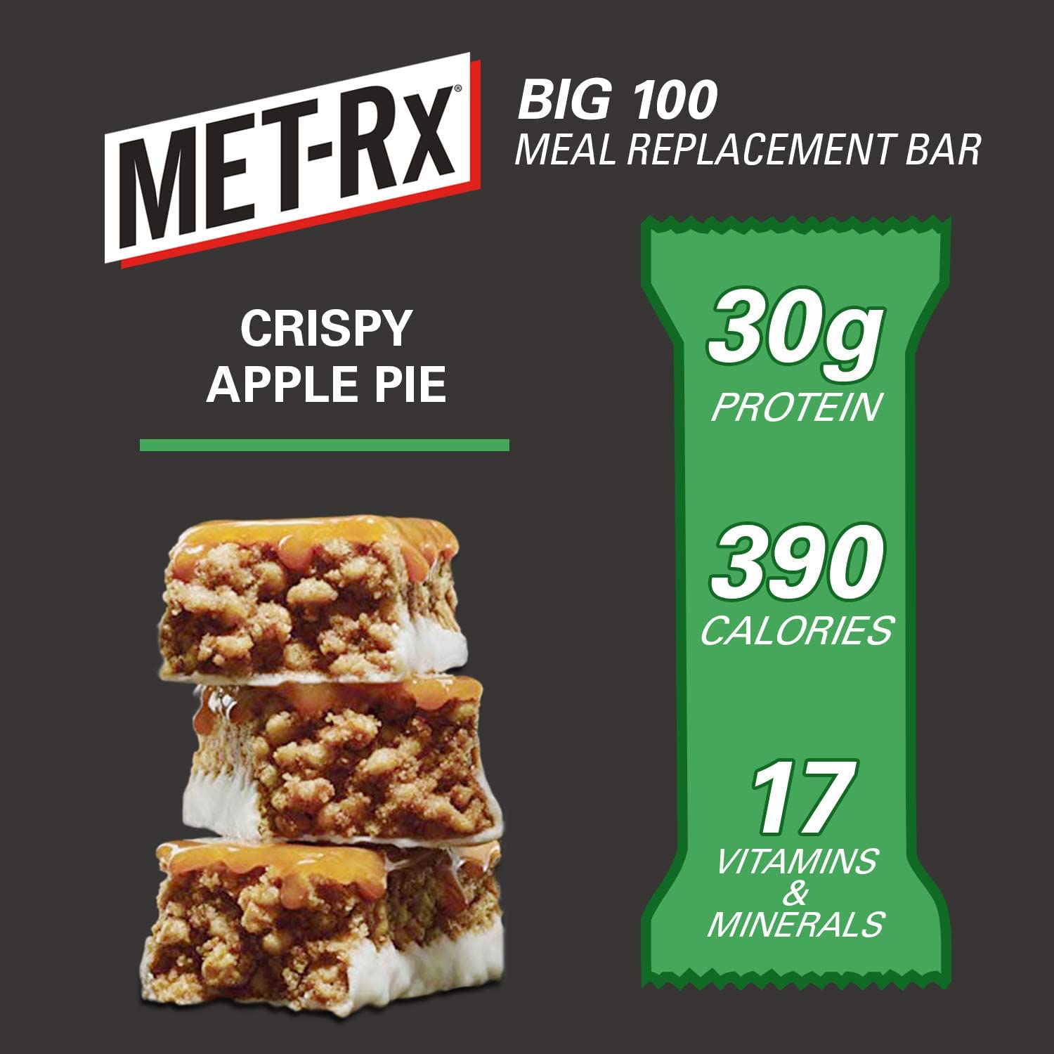 MET-Rx Big 100 barra proteina manzana, rico en zinc y vitaminas para el día