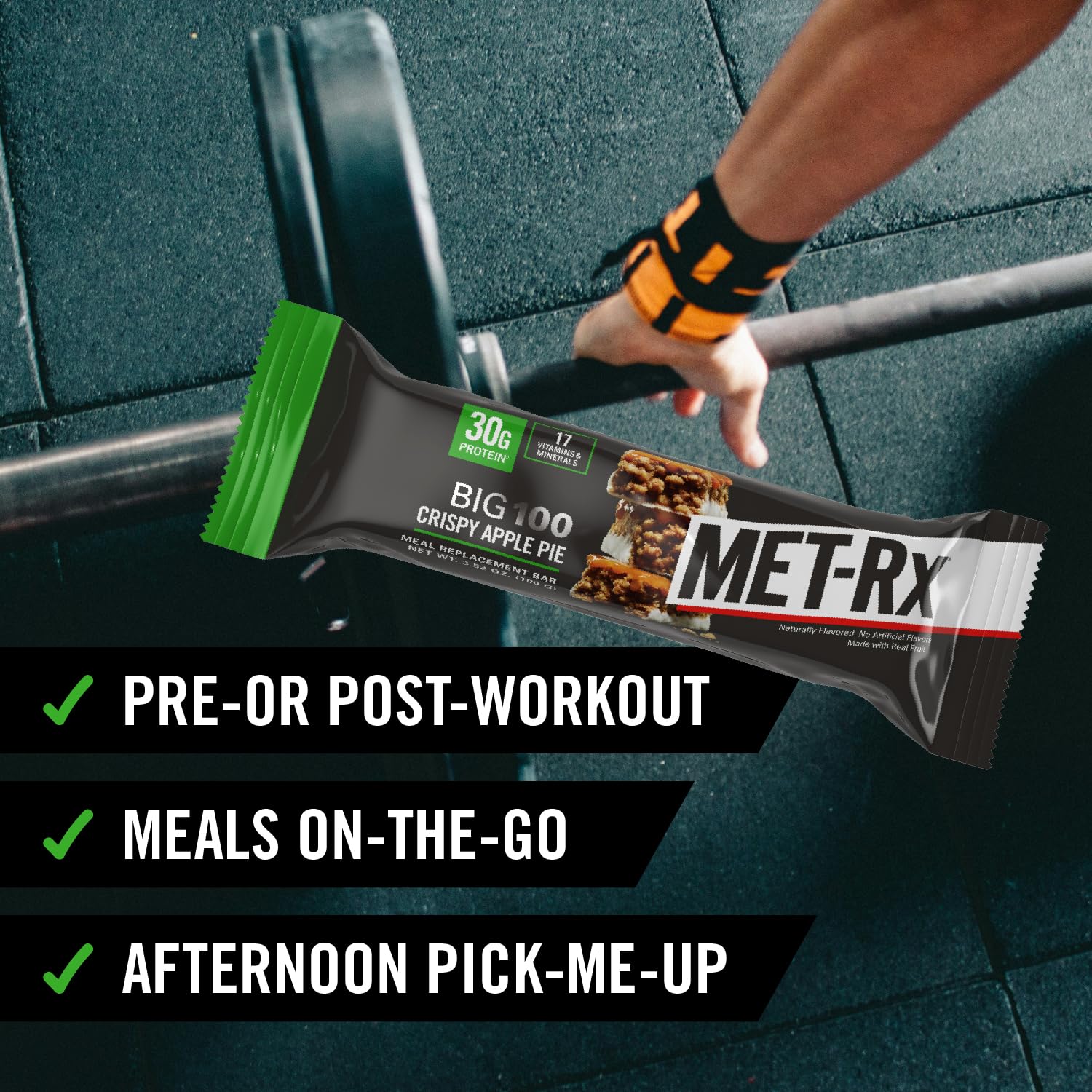 MET-Rx Big 100 Bar fruta real, sabor natural y textura agradable