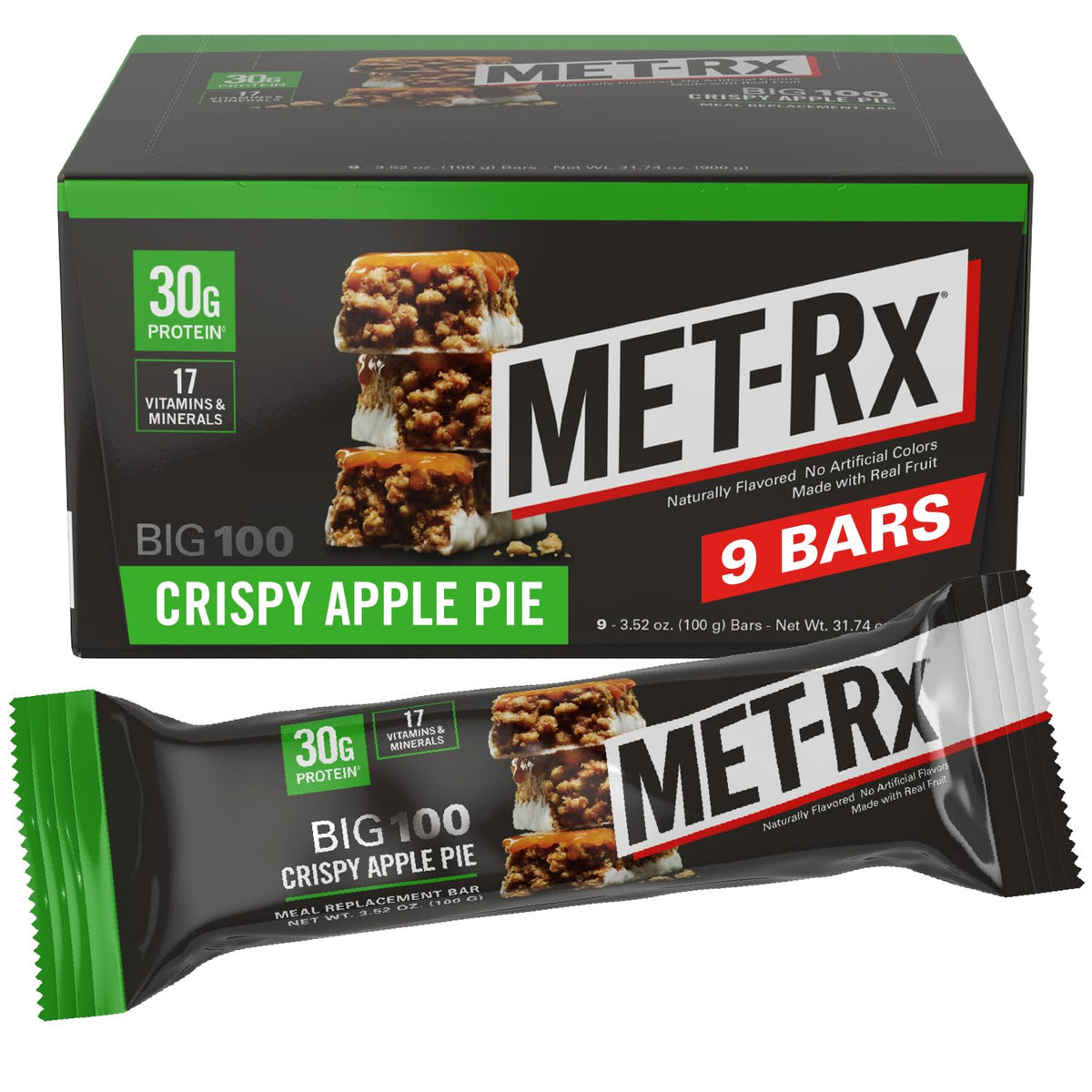 MET-Rx Big 100 Bar pastel de manzana crujiente, snack proteico para saciar el hambre