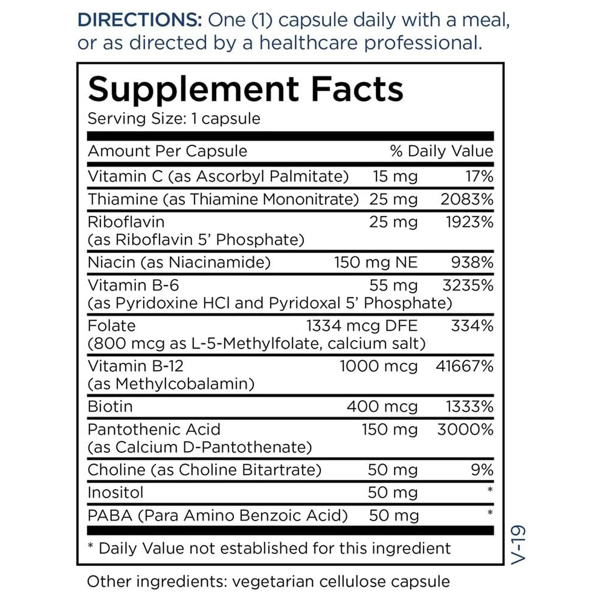 Metabolic Maintenance B-Complex, detalle de ingredientes: vitaminas activas para absorción eficiente.
