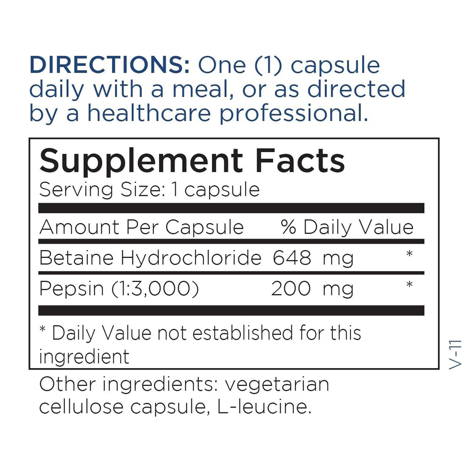 Detalle-etiqueta de Metabolic Maintenance Betaine HCl + Pepsin con dosis y recomendaciones.
