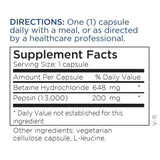 Detalle-etiqueta de Metabolic Maintenance Betaine HCl + Pepsin con dosis y recomendaciones.