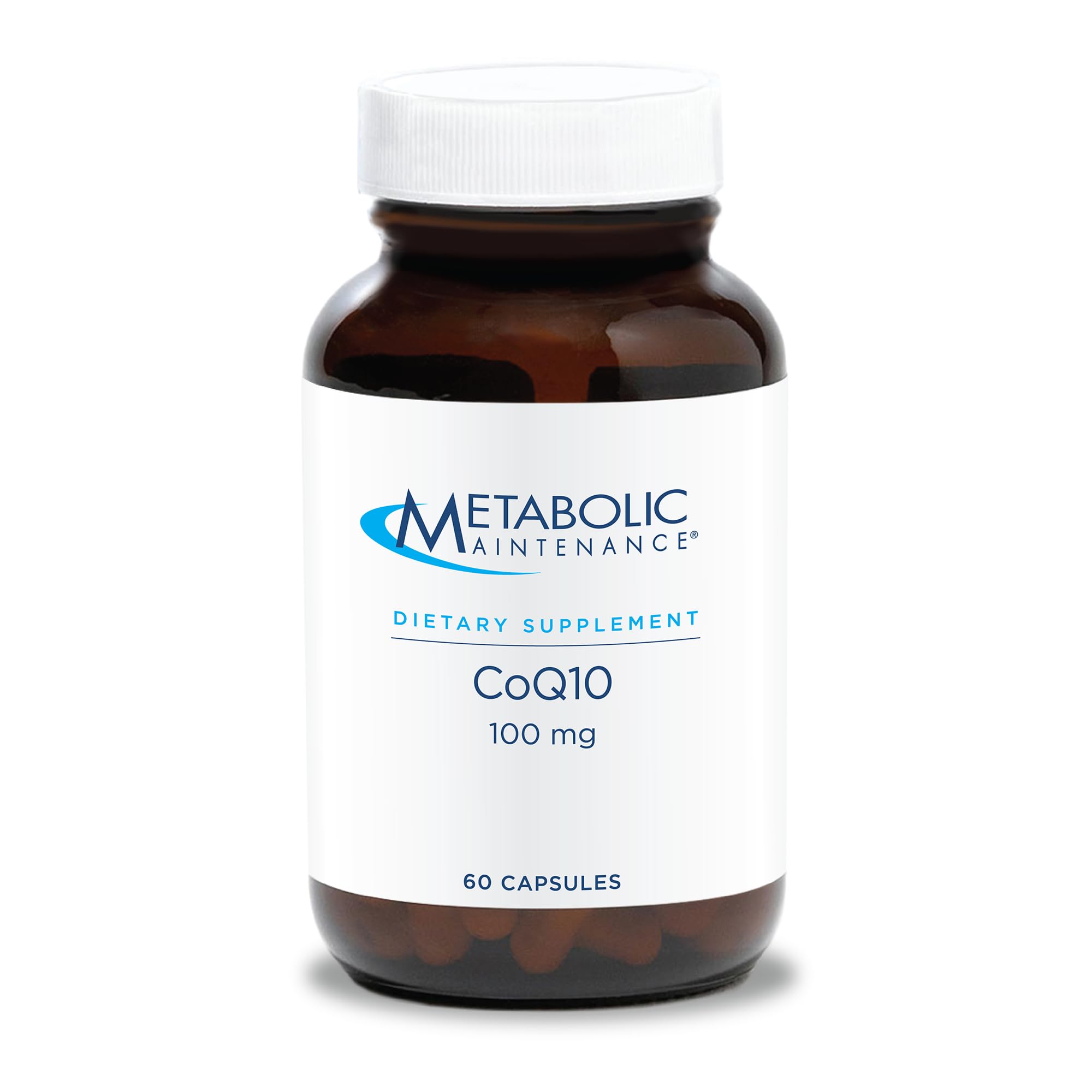 Envase de Metabolic Maintenance CoQ10 100 mg, apoyo para energía diaria.