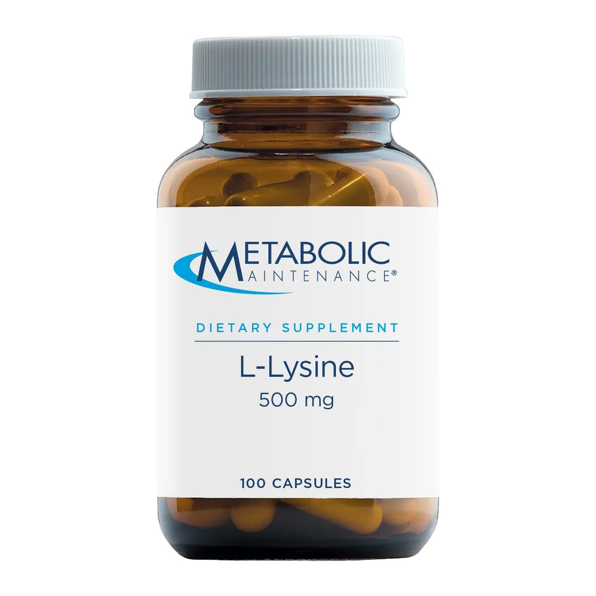 Metabolic Maintenance Lisina 500 mg, cápsulas frente, apoyo a energía natural diaria.