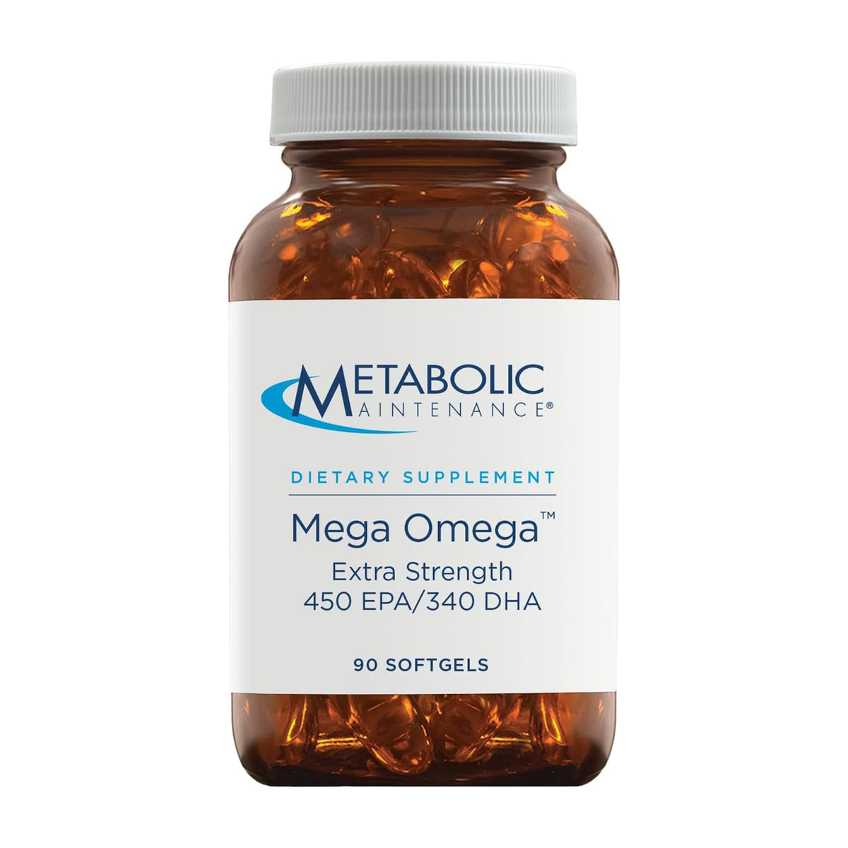 Metabolic Maintenance Mega Omega Extra Strength, botella frontal, soporte potencial para salud cardiovascular.