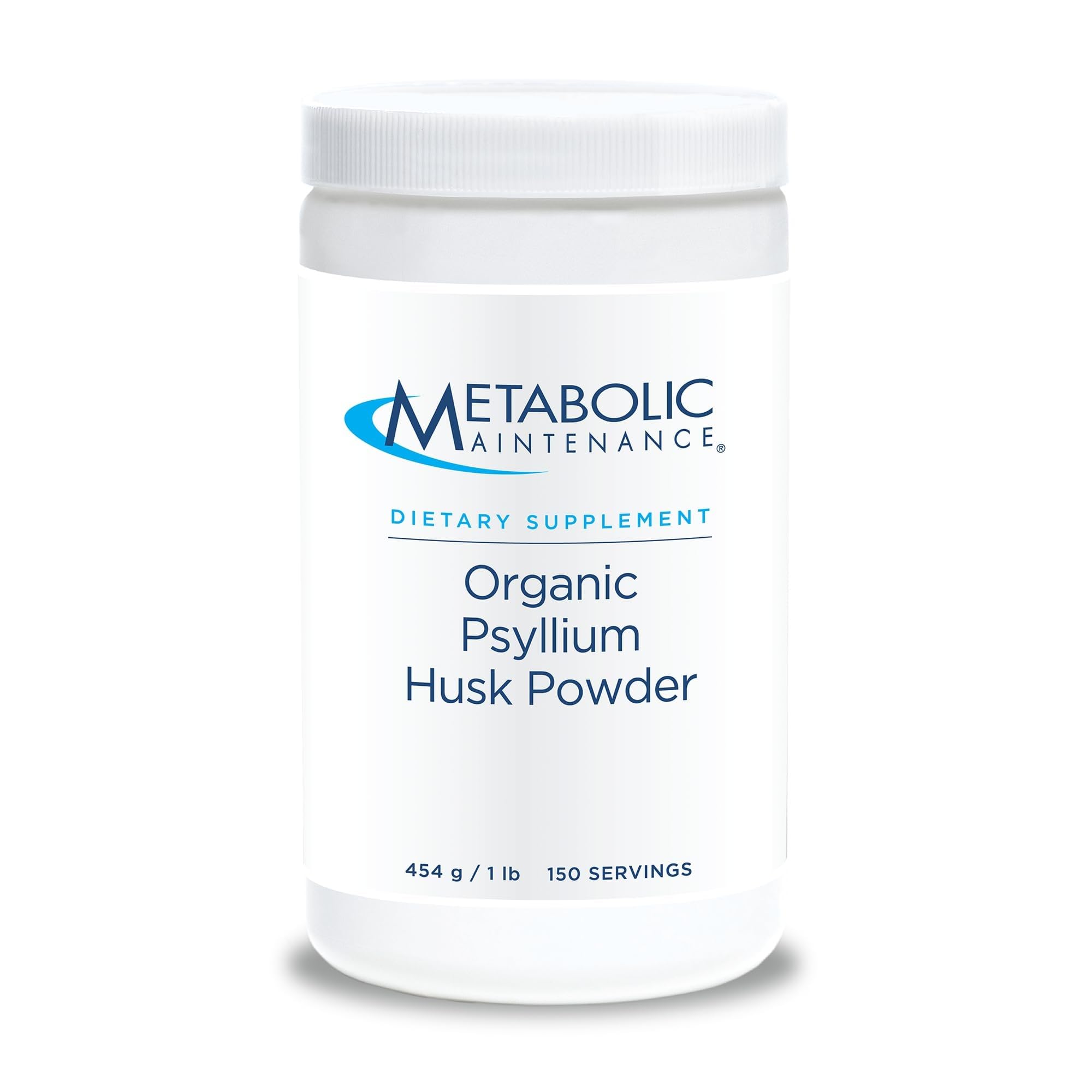 Metabolic Maintenance Psyllium Orgánico en polvo en tarro para digestión diaria.