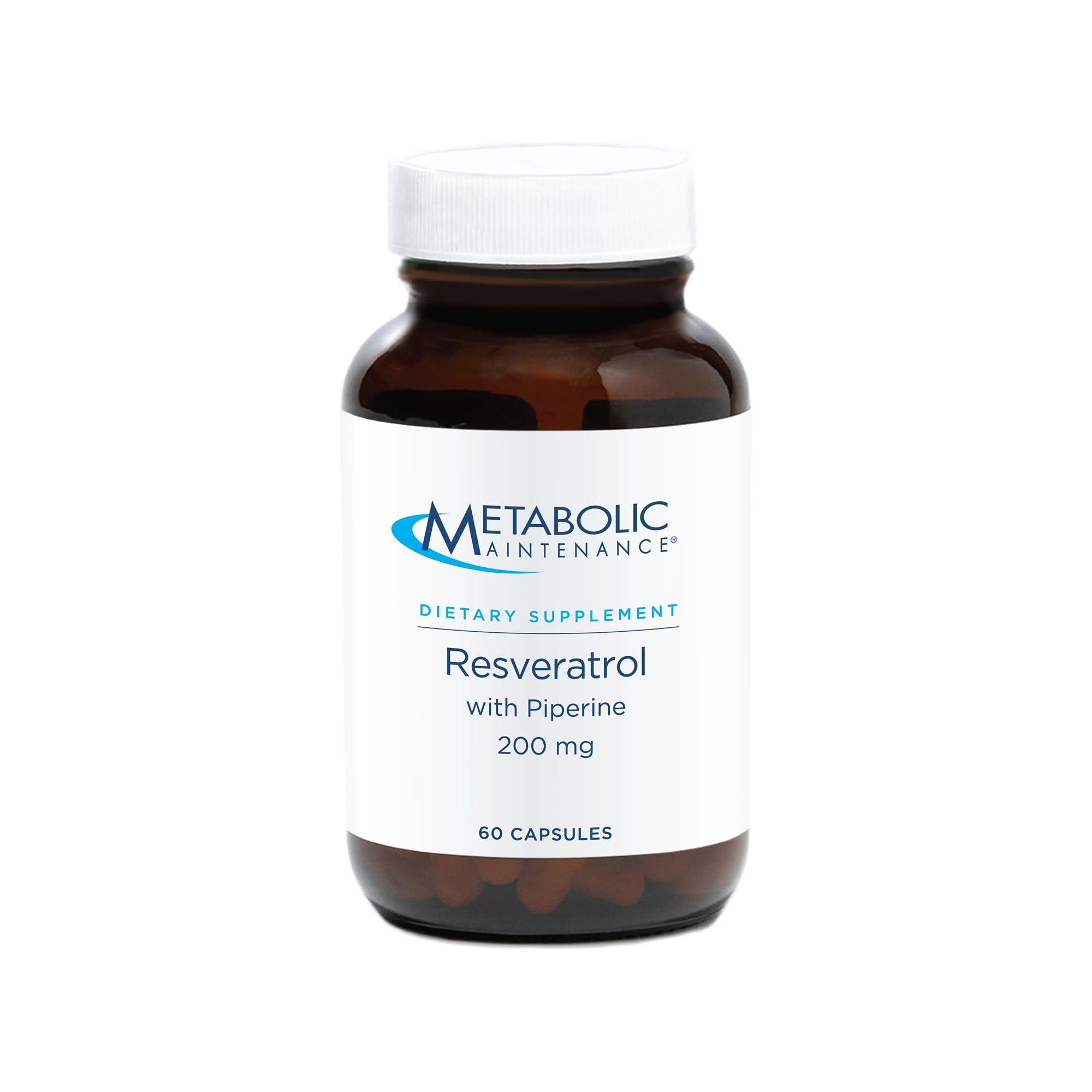 Metabolic Maintenance Resveratrol: botella con etiqueta, posible beneficio antioxidante.