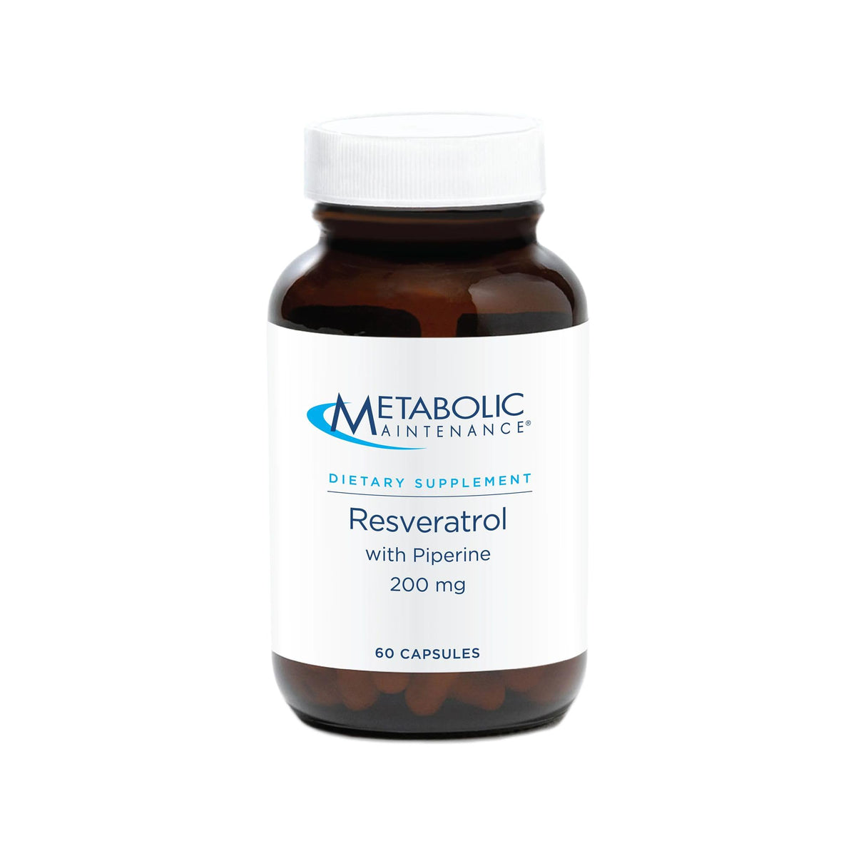 Metabolic Maintenance Resveratrol: botella con etiqueta, posible beneficio antioxidante.
