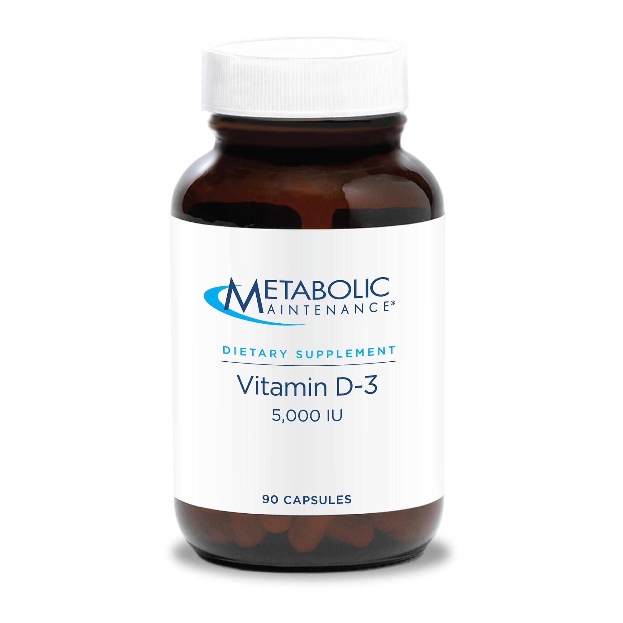 Metabolic Maintenance Vitamina D3 5000 UI - botella con cápsulas para apoyo óseo diario.