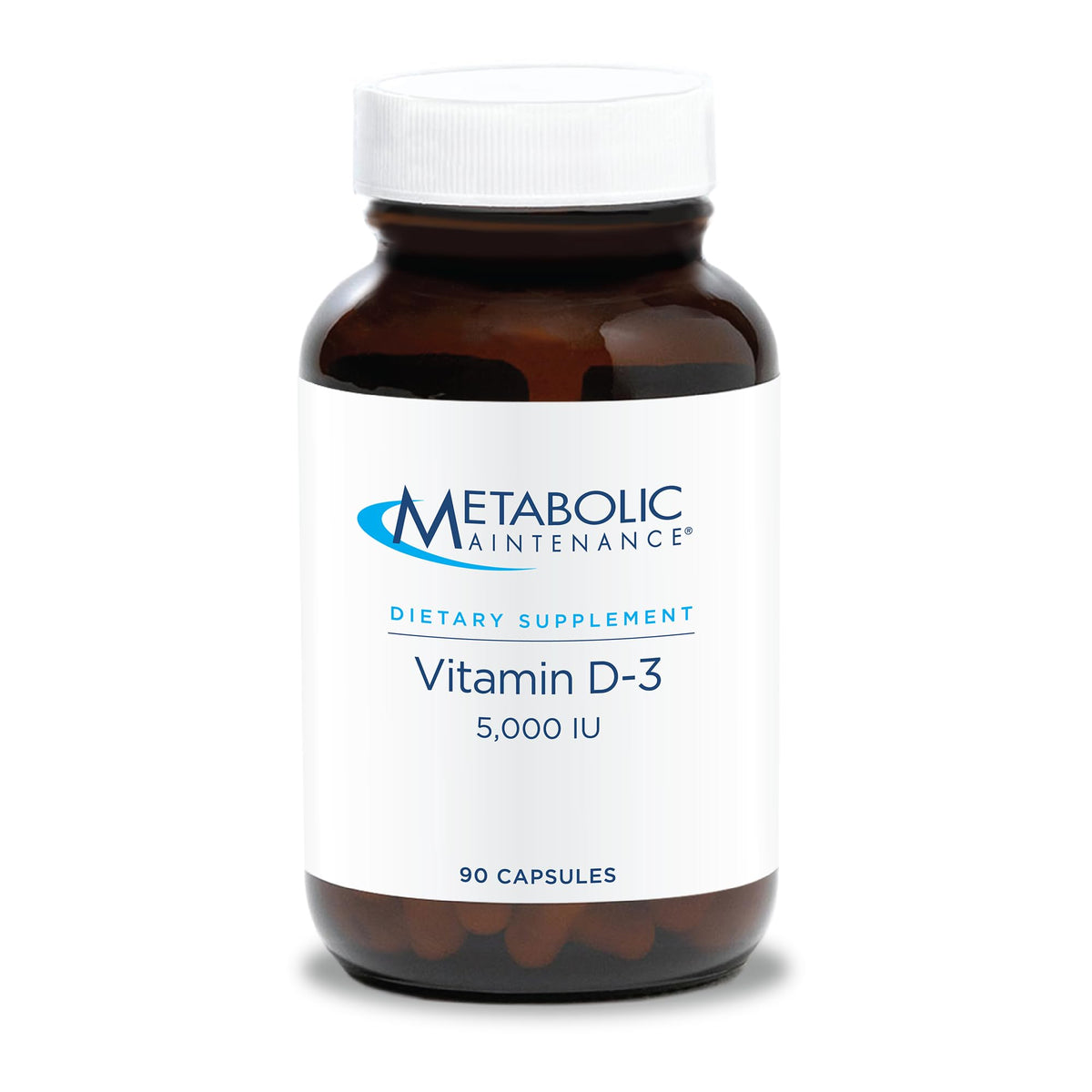 Metabolic Maintenance Vitamina D3 5000 UI - botella con cápsulas para apoyo óseo diario.