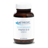 Metabolic Maintenance Vitamina D3 5000 UI - botella con cápsulas para apoyo óseo diario.