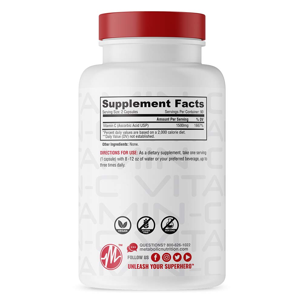 Cápsulas de ácido ascórbico de Metabolic Nutrition, alta absorción para biodisponibilidad.
