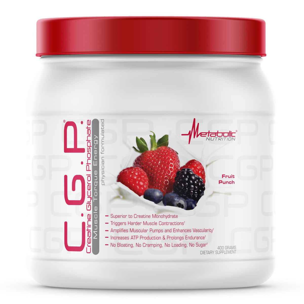 CGP de Metabolic Nutrition polvo en bote frente para entrenamientos