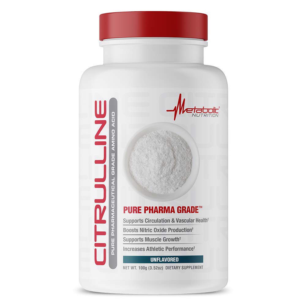 Metabolic Nutrition Citrulina Malato en polvo, frasco visible, posible apoyo a la circulación durante el entrenamiento