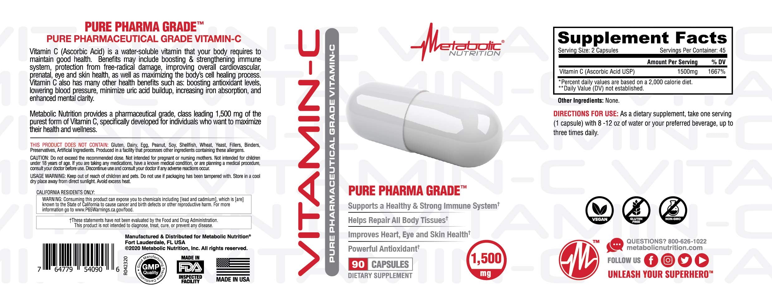 Etiqueta de la caja Metabolic Nutrition Vitamina C para uso diario.
