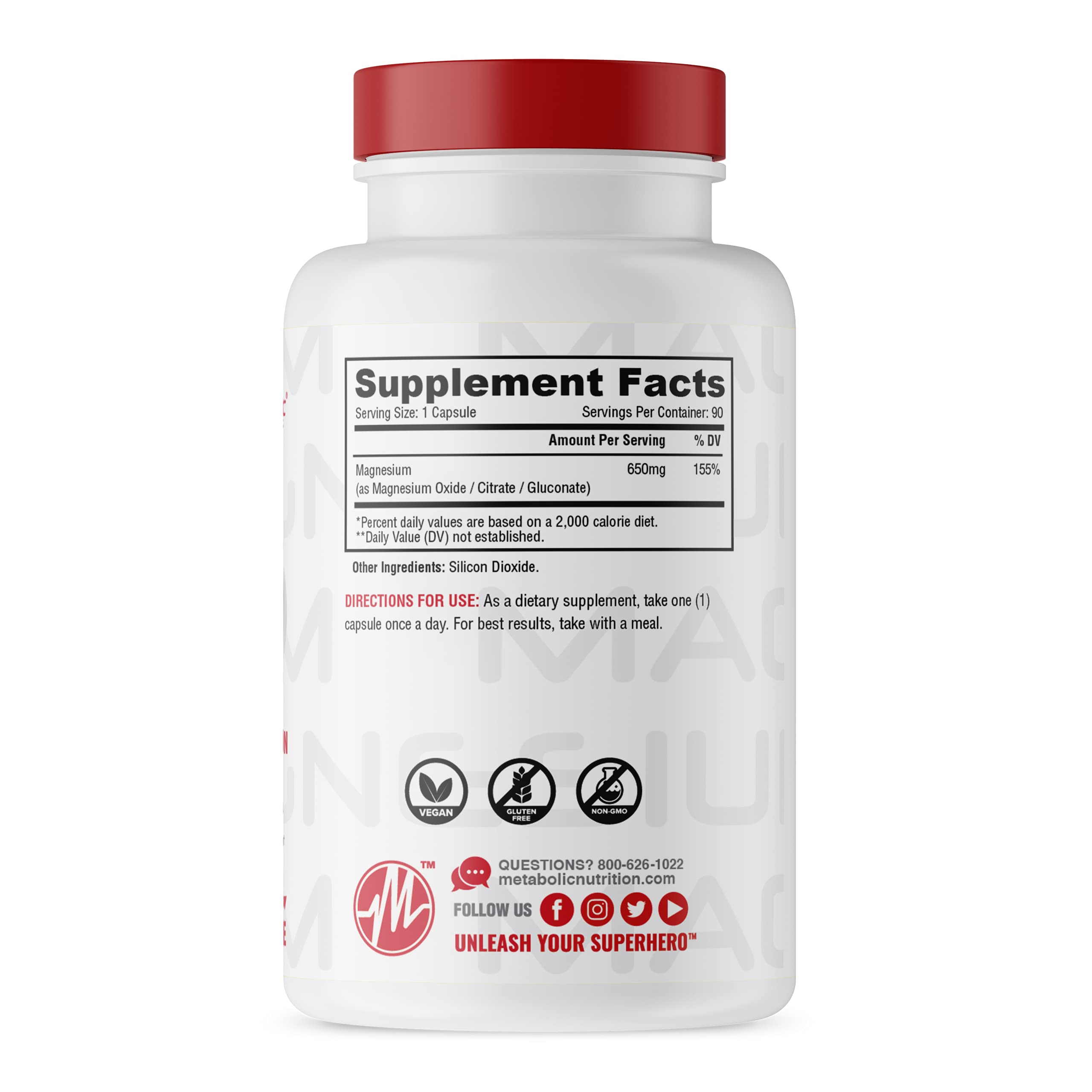 Metabolic Nutrition Magnesium, botella de 90 cápsulas para uso diario.