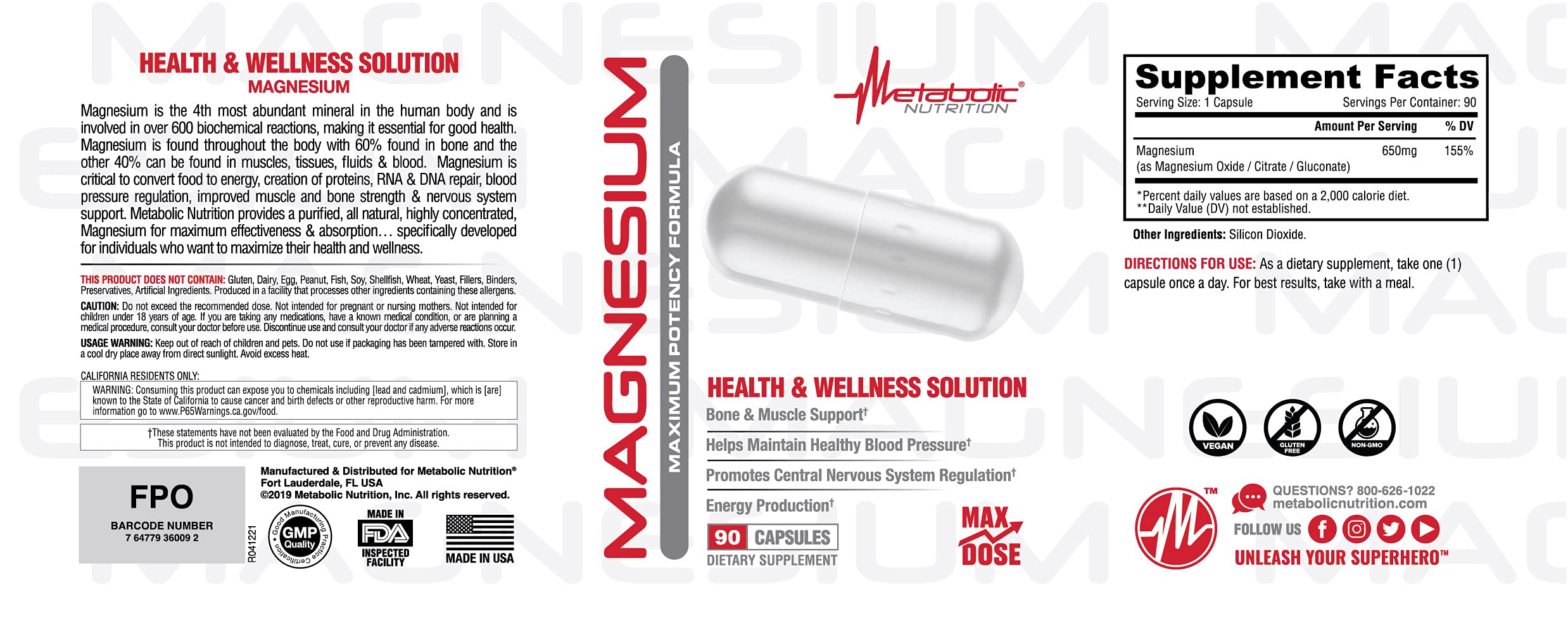 Metabolic Nutrition Magnesium, etiqueta clara con foco en energía y nervios.