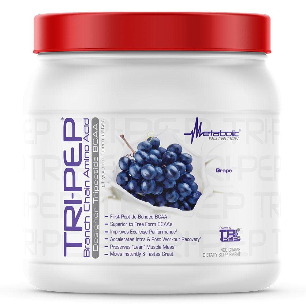 Metabolic Nutrition TriPep BCAA sabor uva en taza para recuperación posentrenamiento.