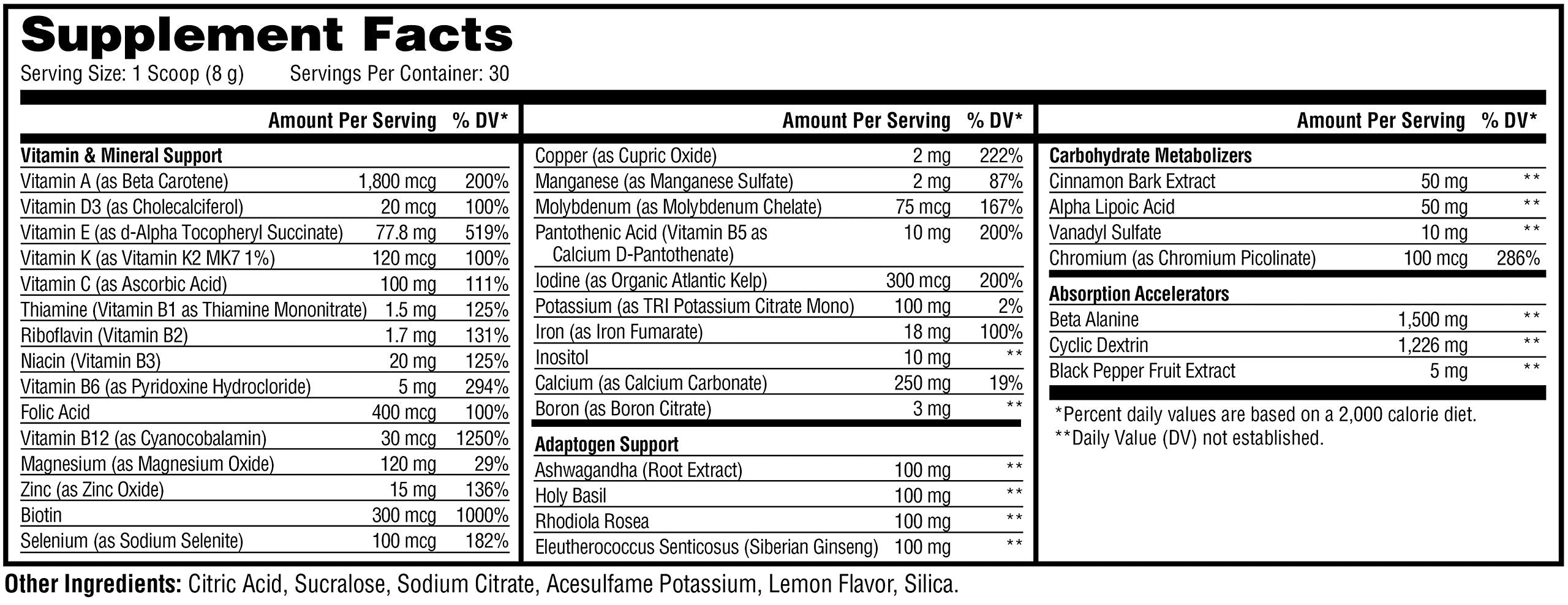 Primer plano etiqueta Vitagen mostrando adaptogenos para energía sostenida