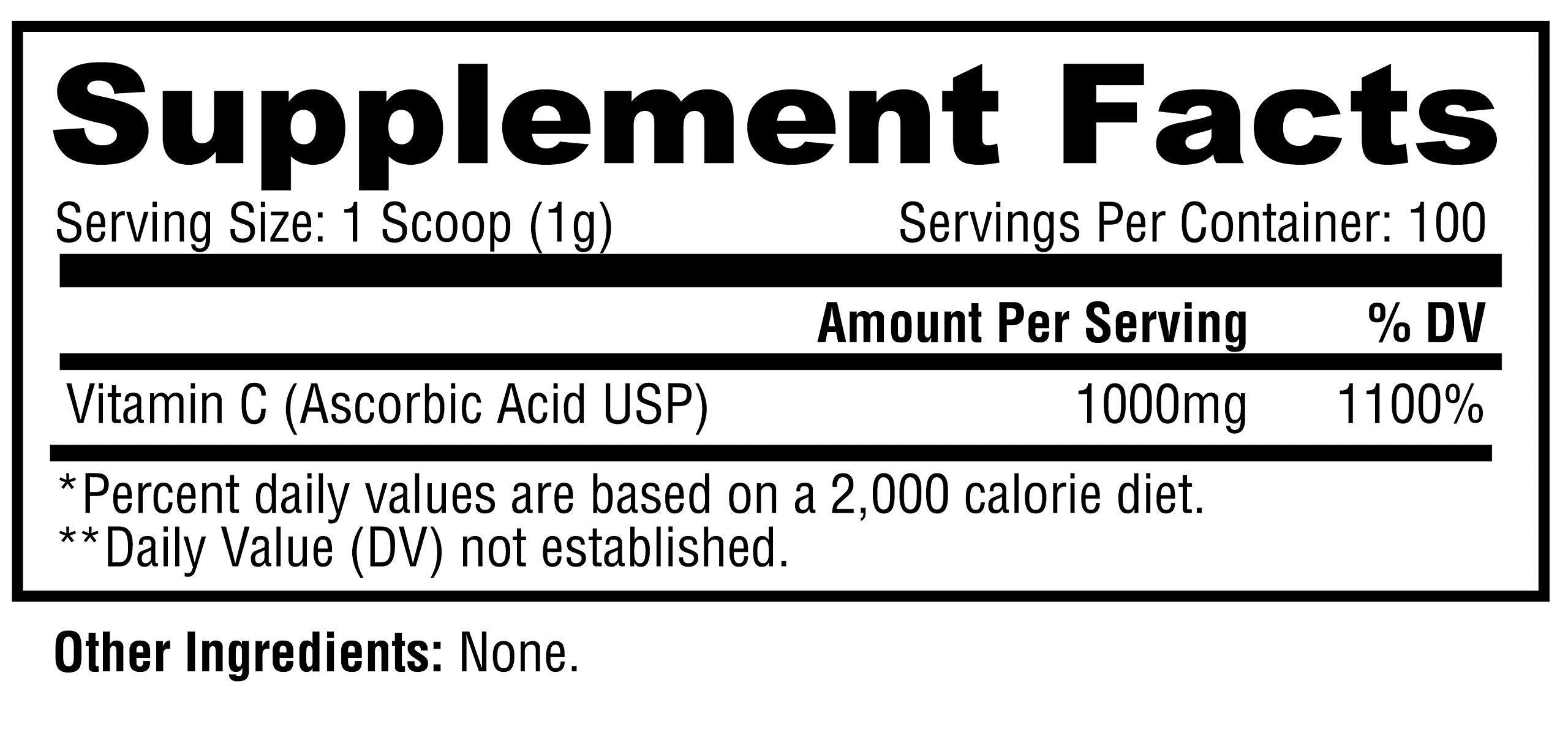 Etiqueta de Metabolic Nutrition Vitamin C con grado farmacéutico visible.