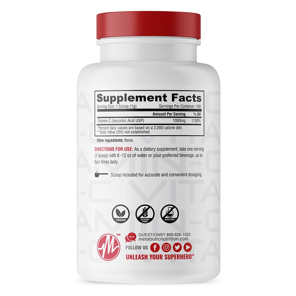 Polvo de ácido ascórbico de Metabolic Nutrition para mezclar en batidos.