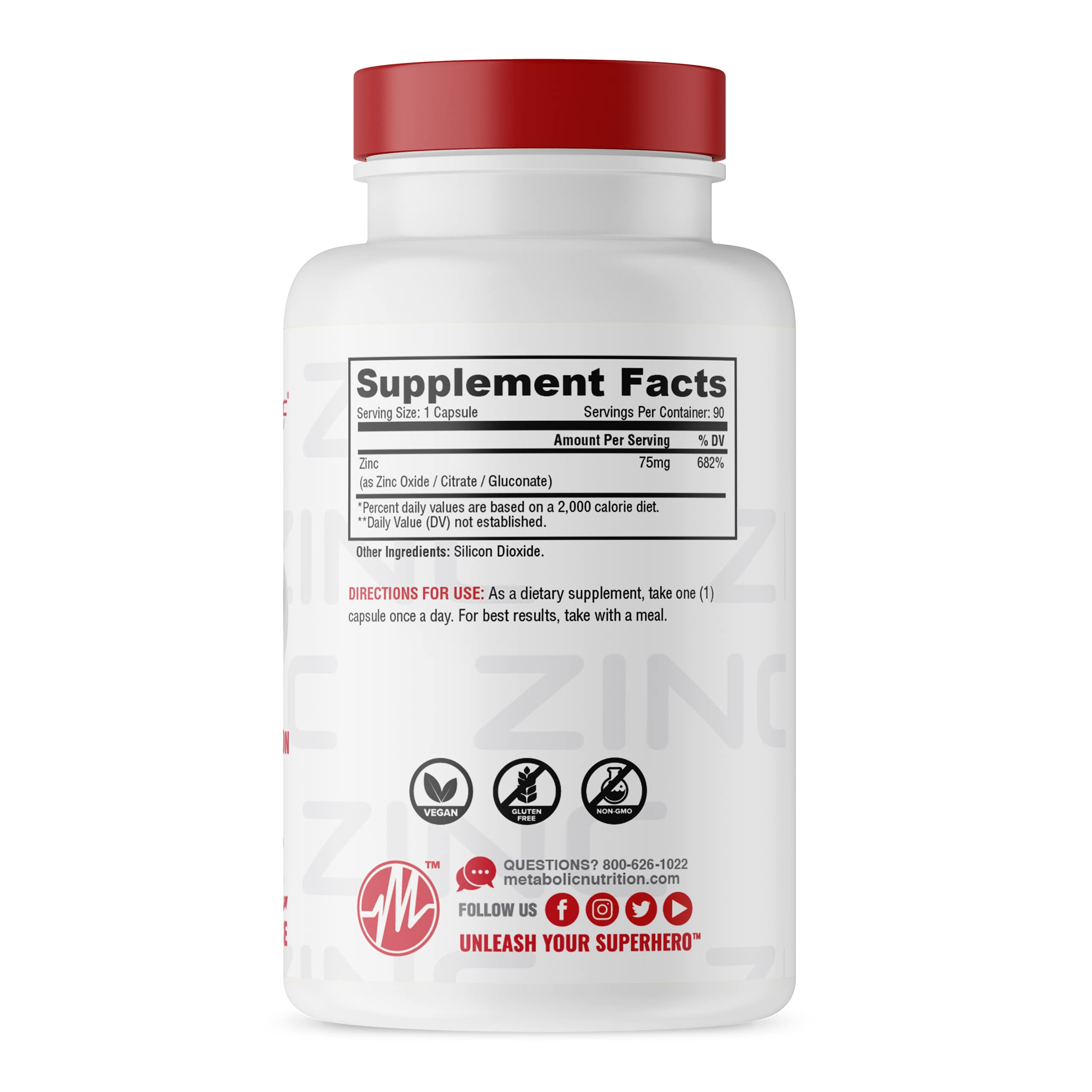 Metabolic Nutrition Zinc 75mg en botella para uso diario