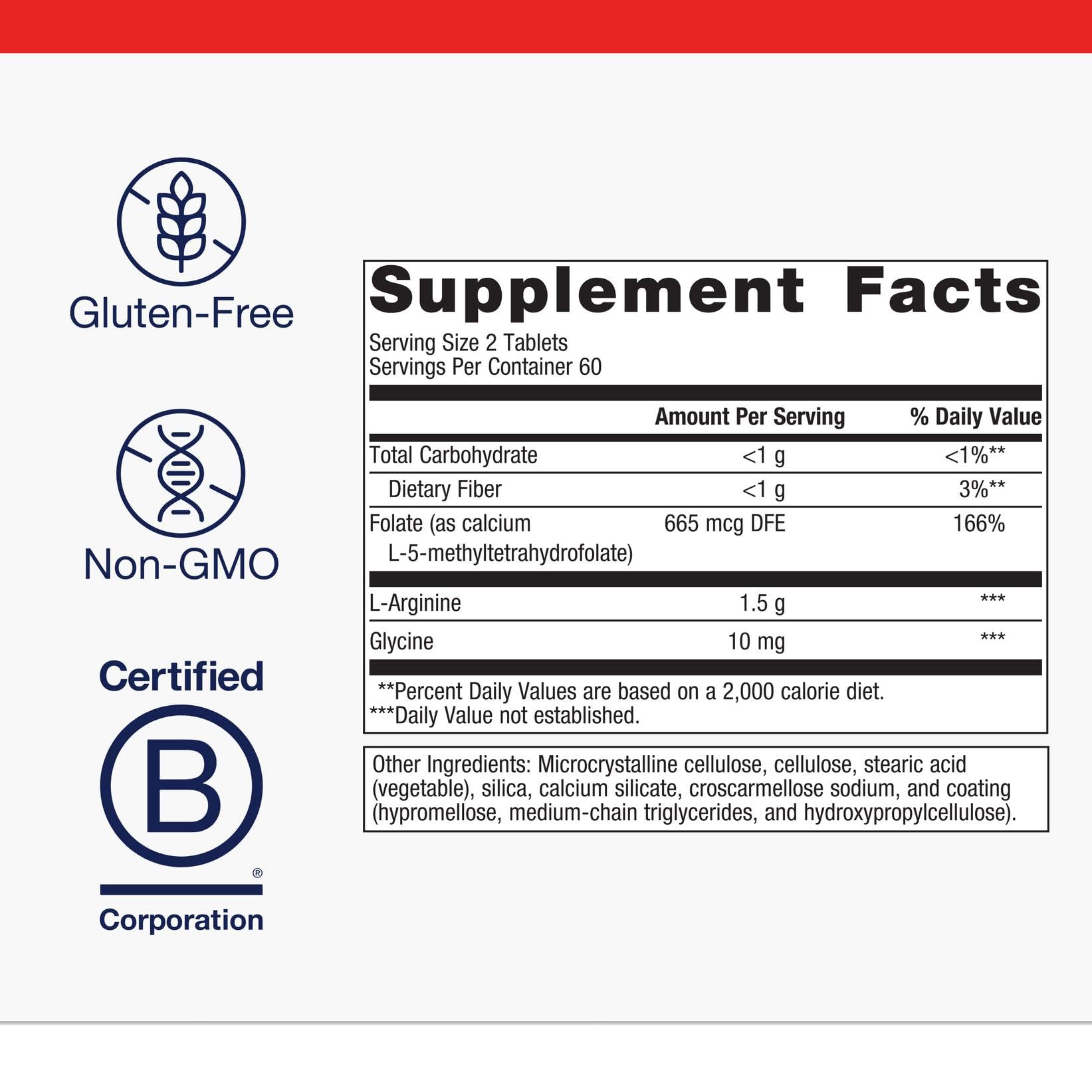 Metagenics Arginine Plus, caja de empaque: producto no transgénico y libre de gluten.