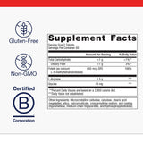 Metagenics Arginine Plus, caja de empaque: producto no transgénico y libre de gluten.