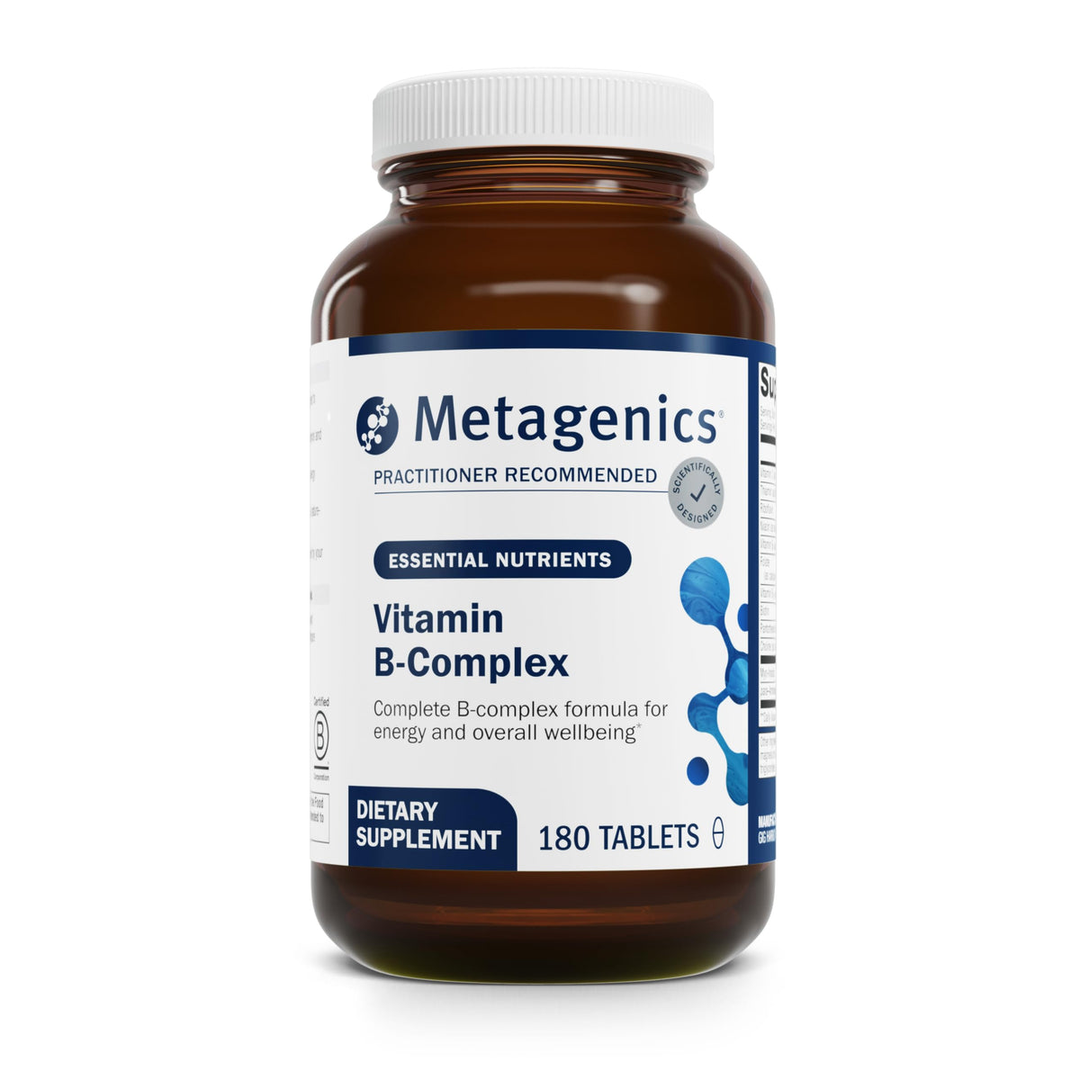 Metagenics B-Complejo: botella con pastillas para energía diaria