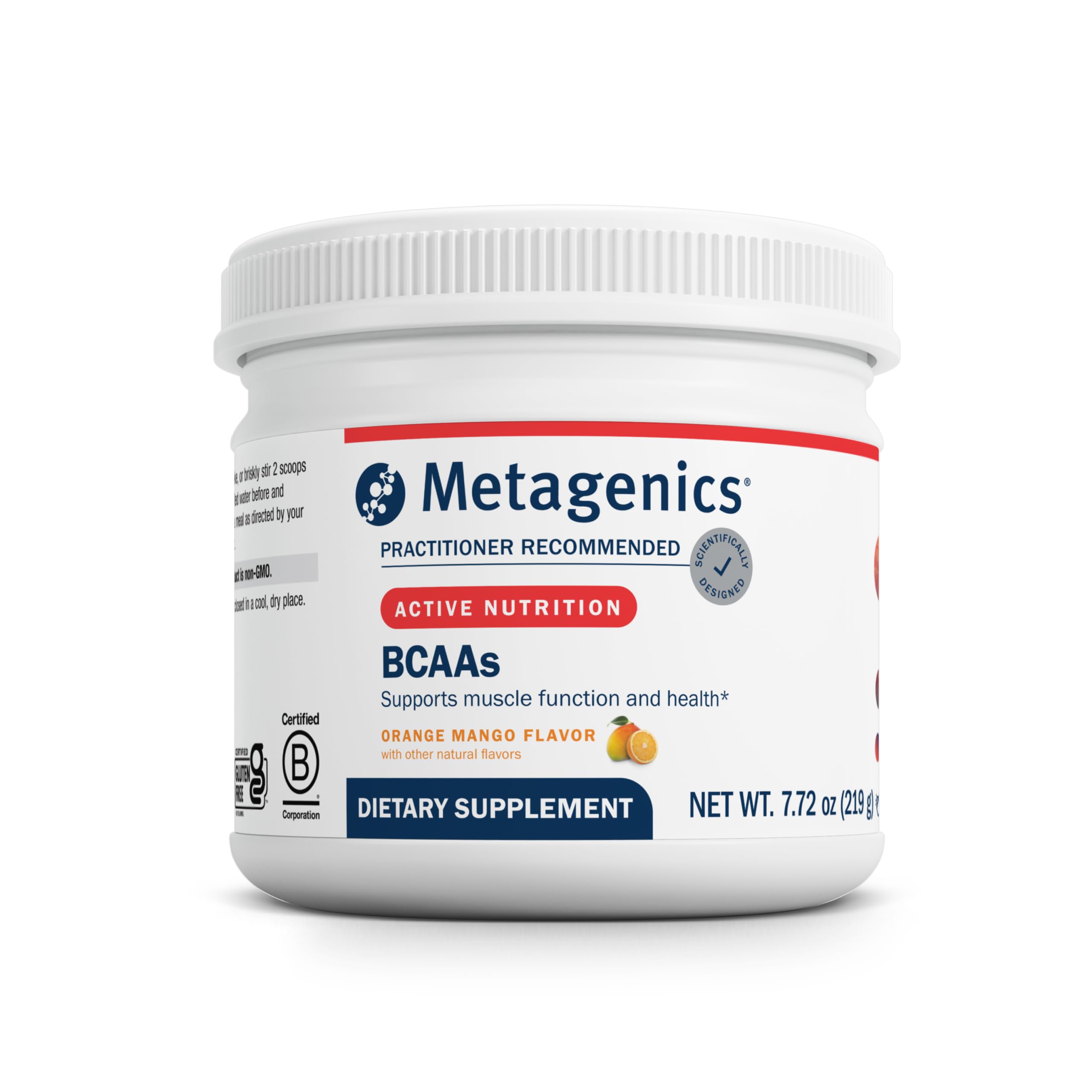 Metagenics BCAAs polvo naranja mango en bote para recuperación muscular