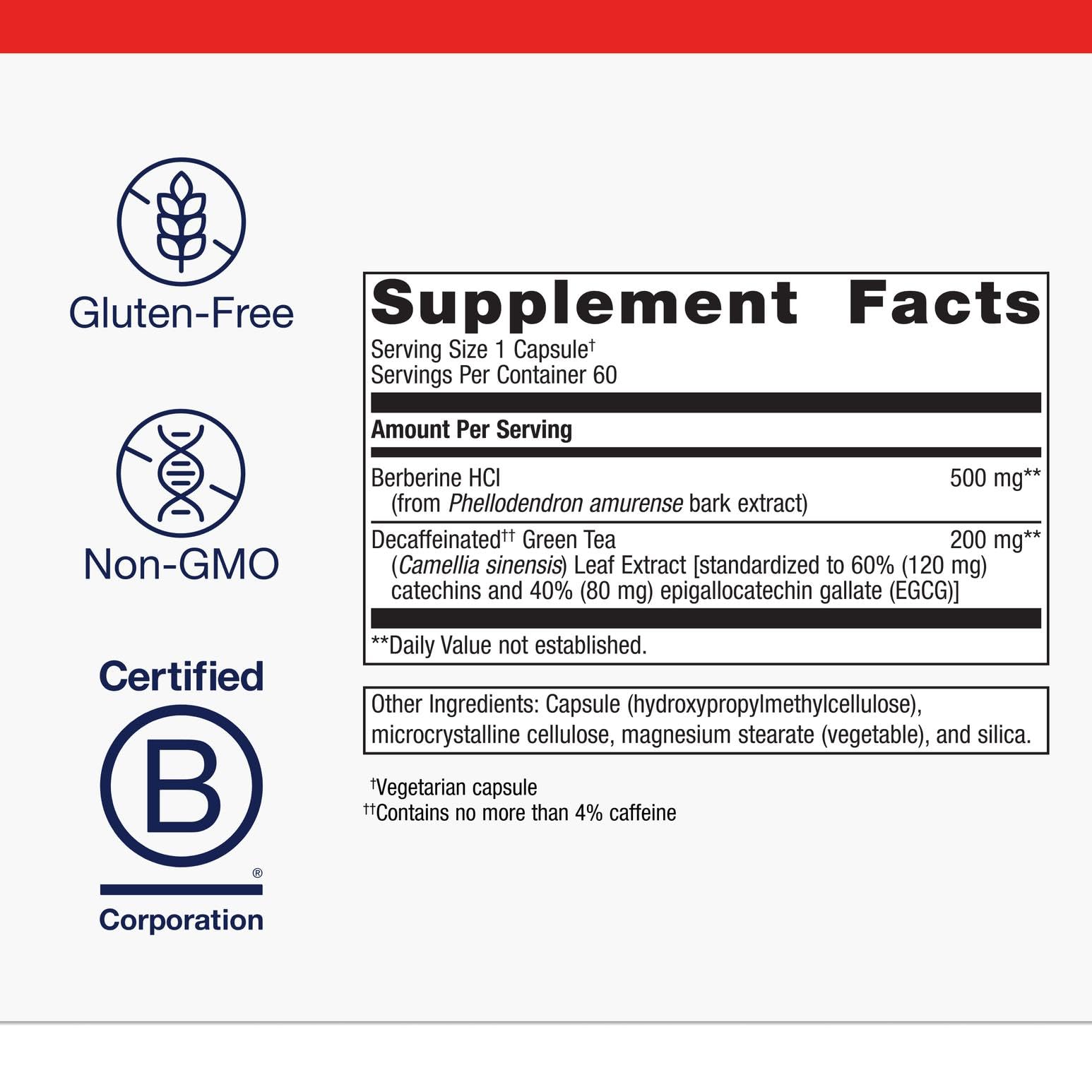 Metagenics Berberine GT: té verde descafeinado sin cafeína añadida.