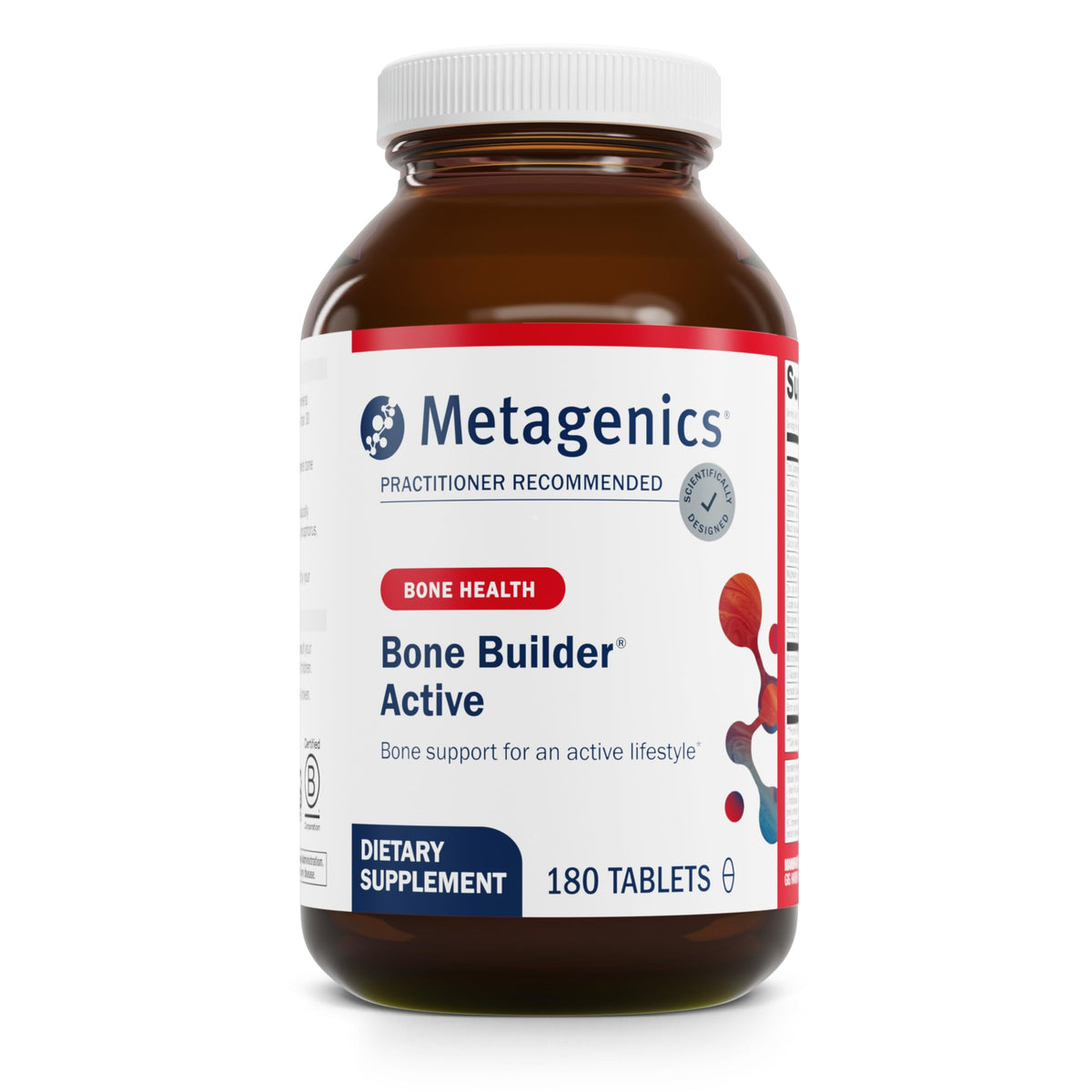 Metagenics Bone Builder Active tabletas visibles, soporte para densidad ósea y movilidad diaria.