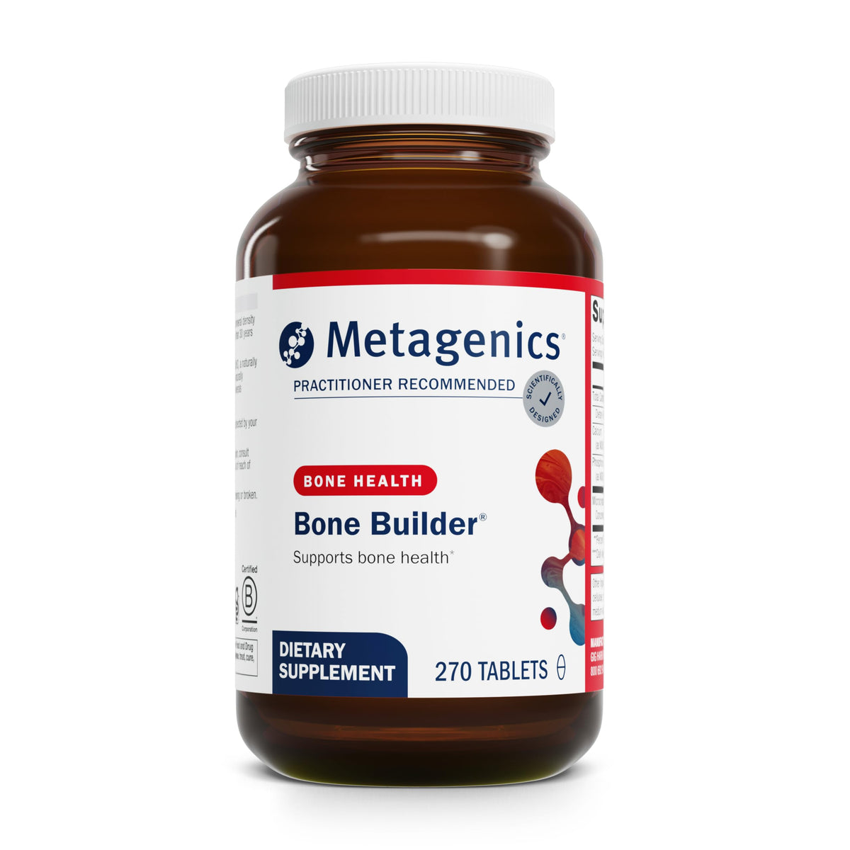 Metagenics Bone Builder Classic, frente de la botella, apoyo potencial para huesos fuertes.