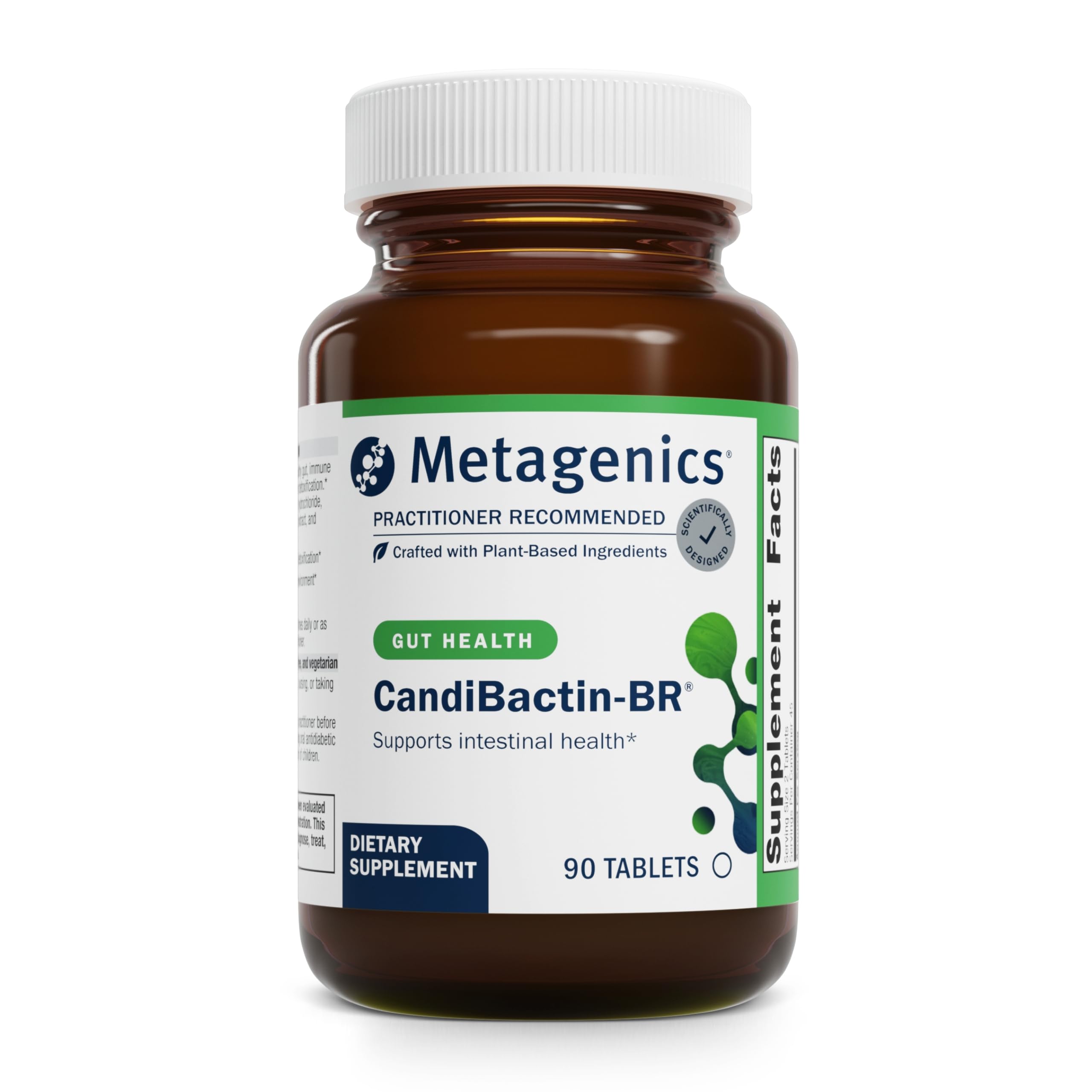 Metagenics CandiBactin-BR: frasco de cápsulas para apoyo intestinal diario.