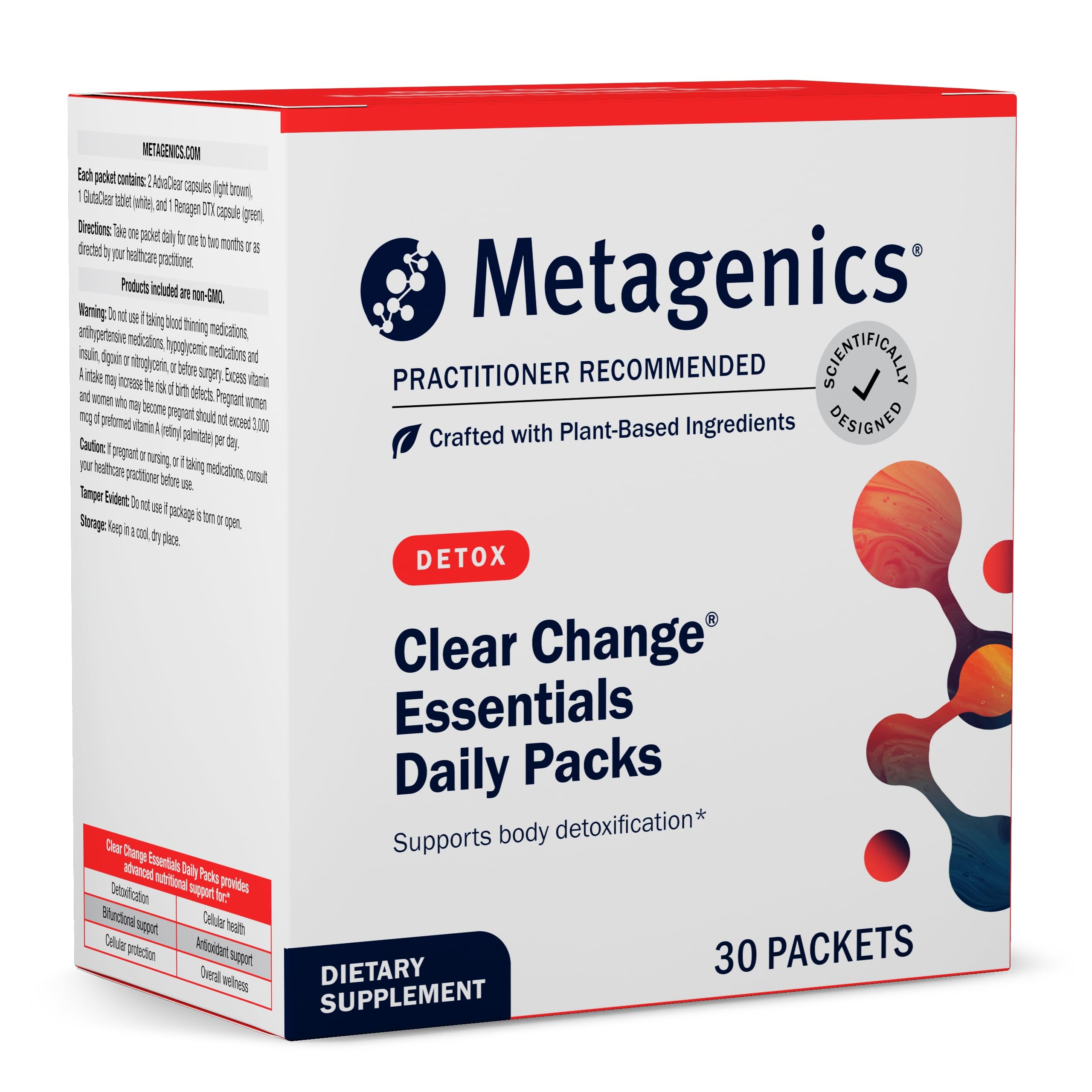 Metagenics Clear Change Daily Essentials, botella, apoyo potencial a la desintoxicación y salud intestinal.
