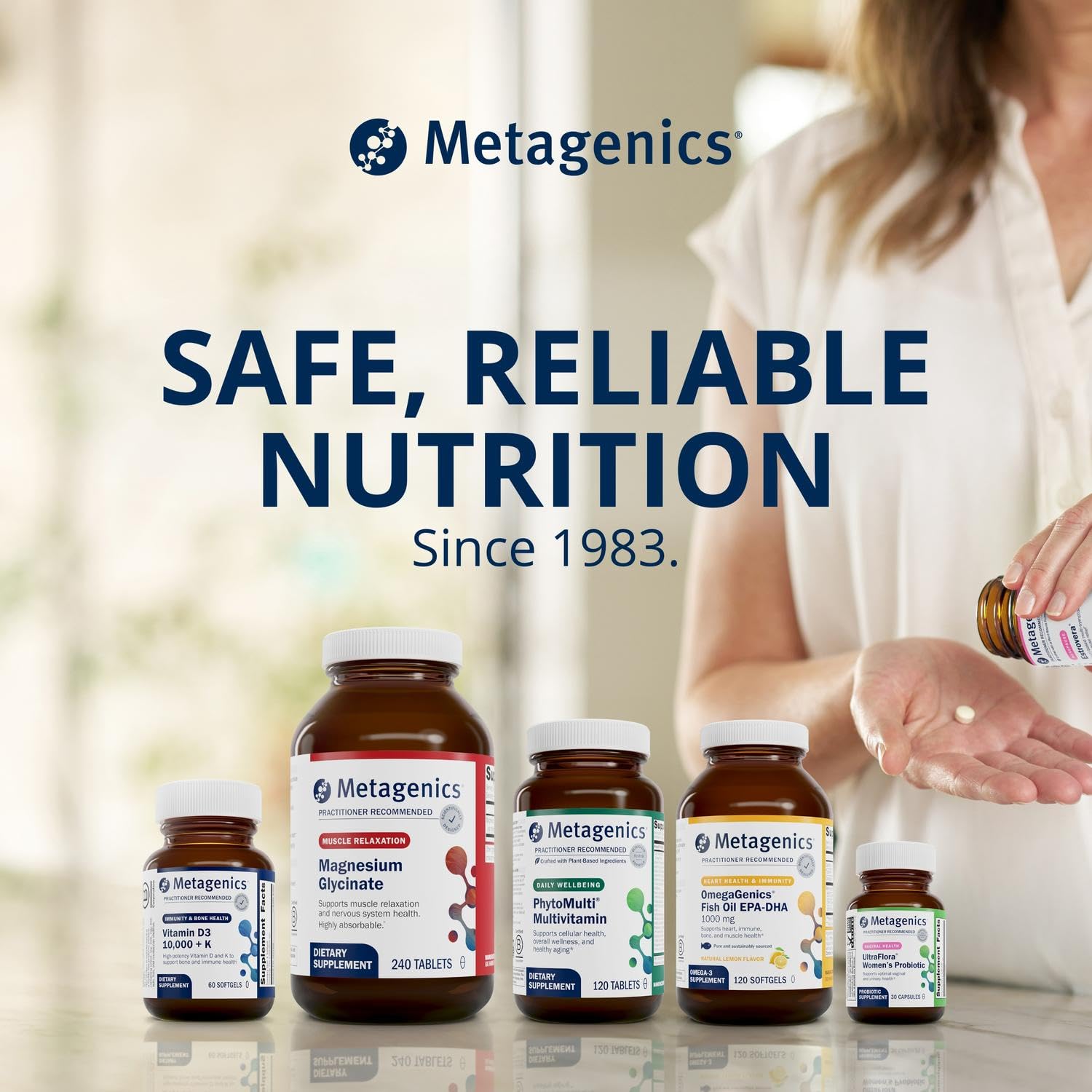 Metagenics Clear Change Daily Essentials, detalle del producto, envase seguro para uso diario.