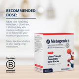 Metagenics Clear Change Daily Essentials, ingredientes clave, fibra y prebióticos para equilibrio digestivo.